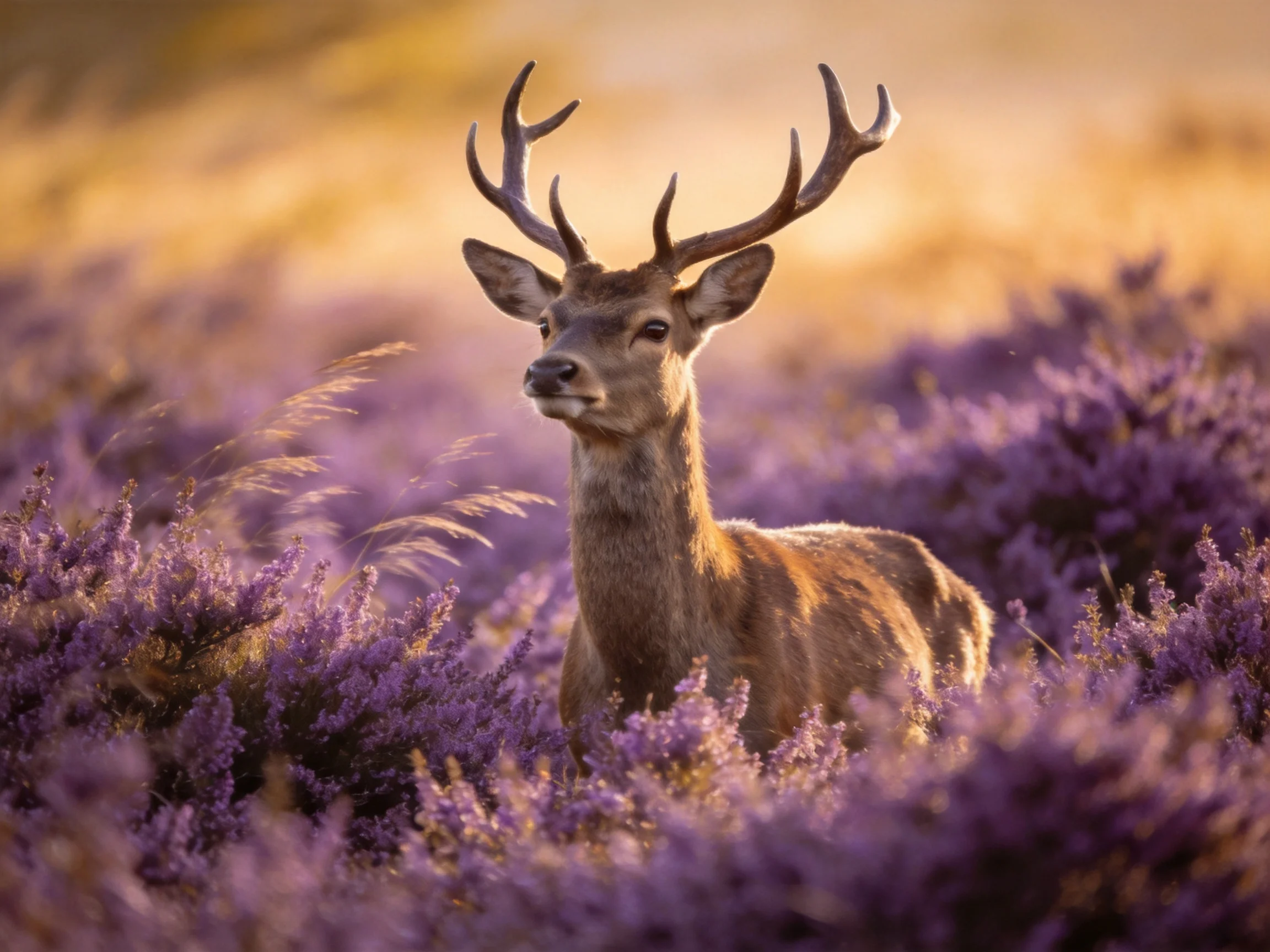 A deer with large antlers stands among purple vegetation.