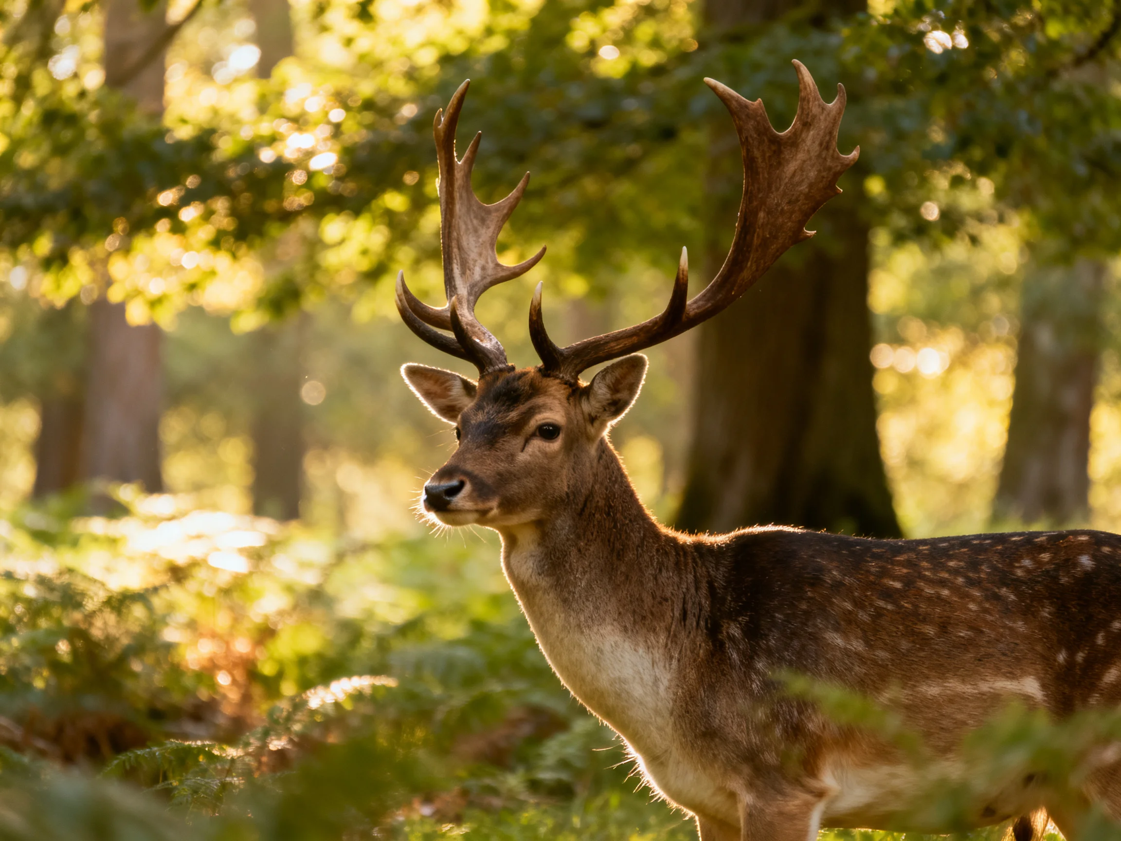 A majestic deer with large antlers in sun-dappled forest
