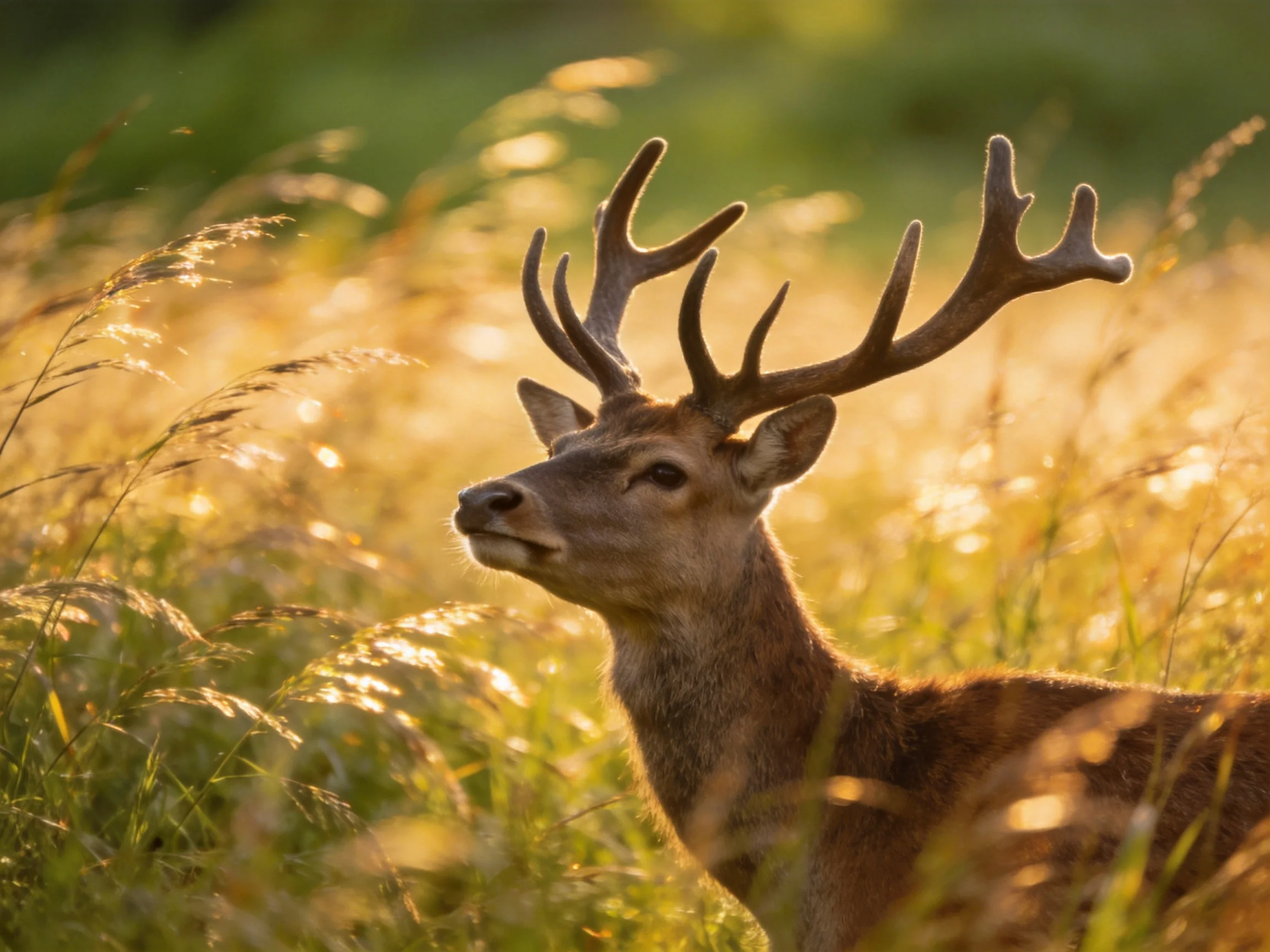 A majestic deer with large antlers in sunlit tall grass