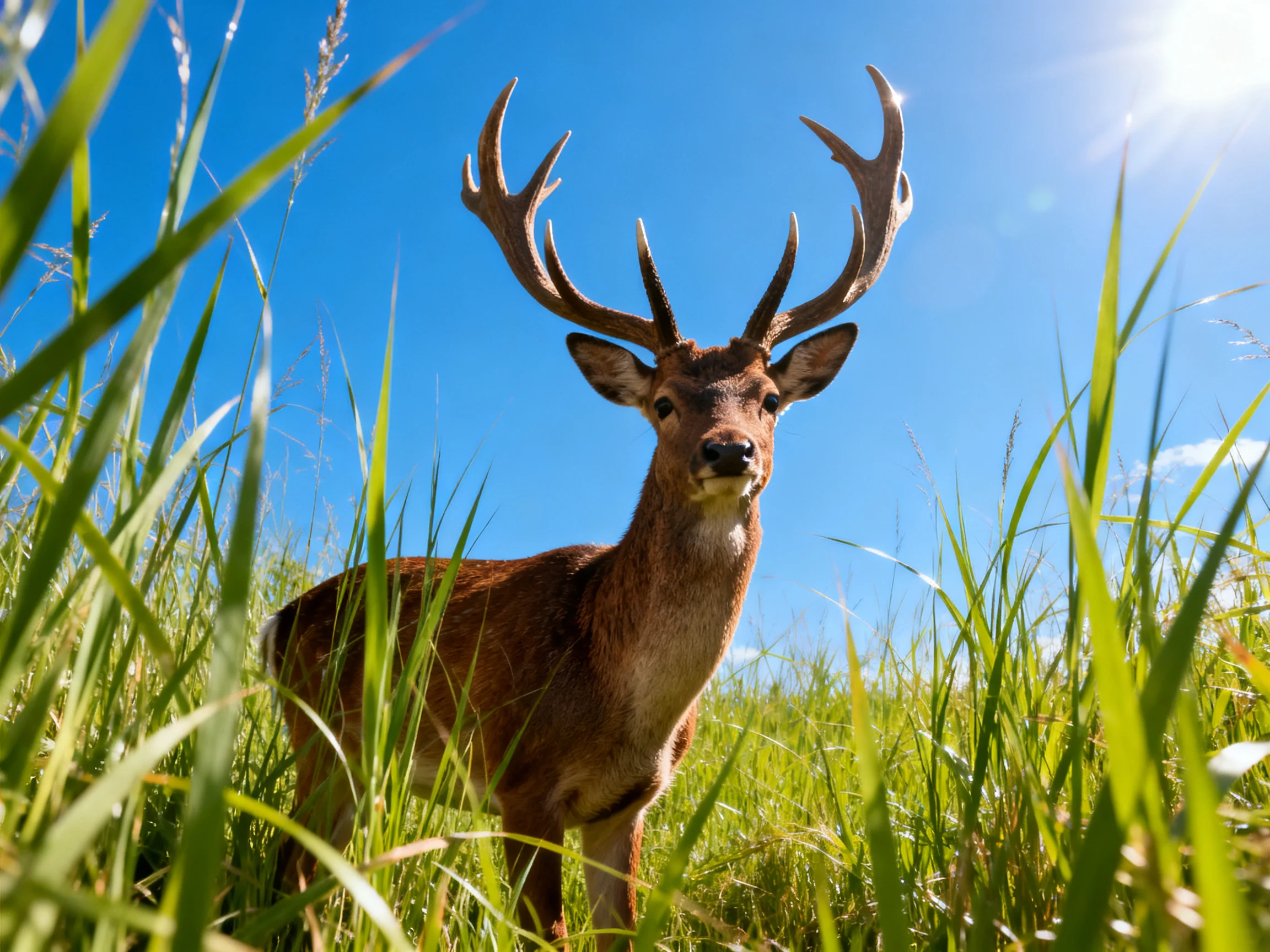 A majestic deer with large antlers in tall green grass under a clear blue sky