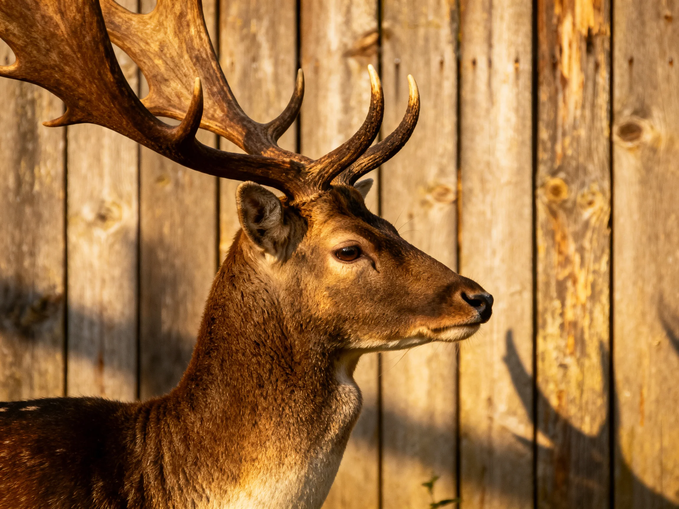 A majestic deer with large antlers near an aged wooden fence