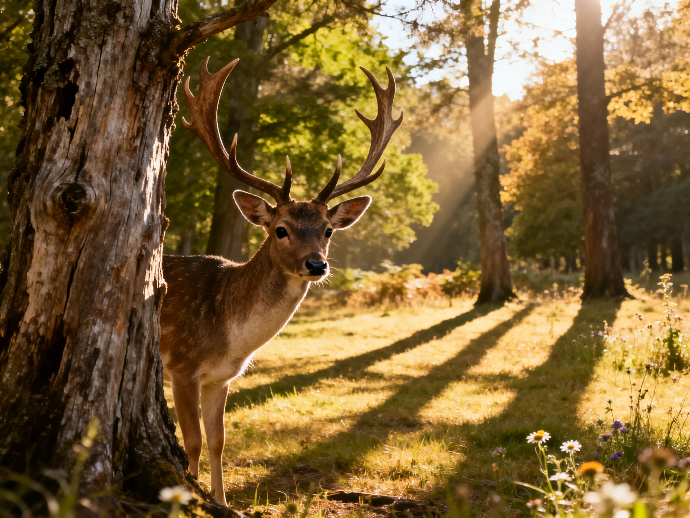 A majestic deer with large antlers near ancient trees in golden sunlight