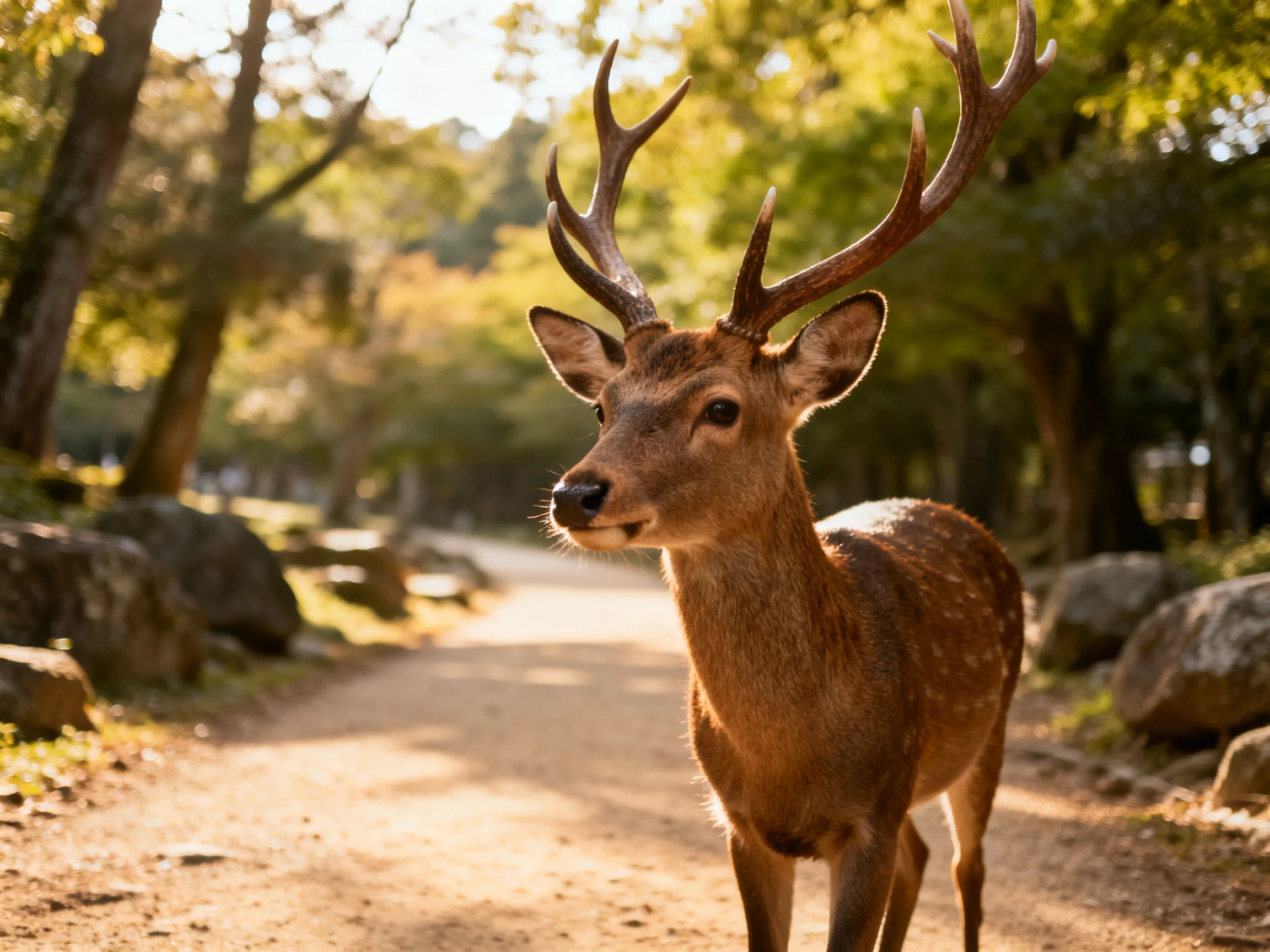 A majestic deer with large antlers on a sunlit forest path