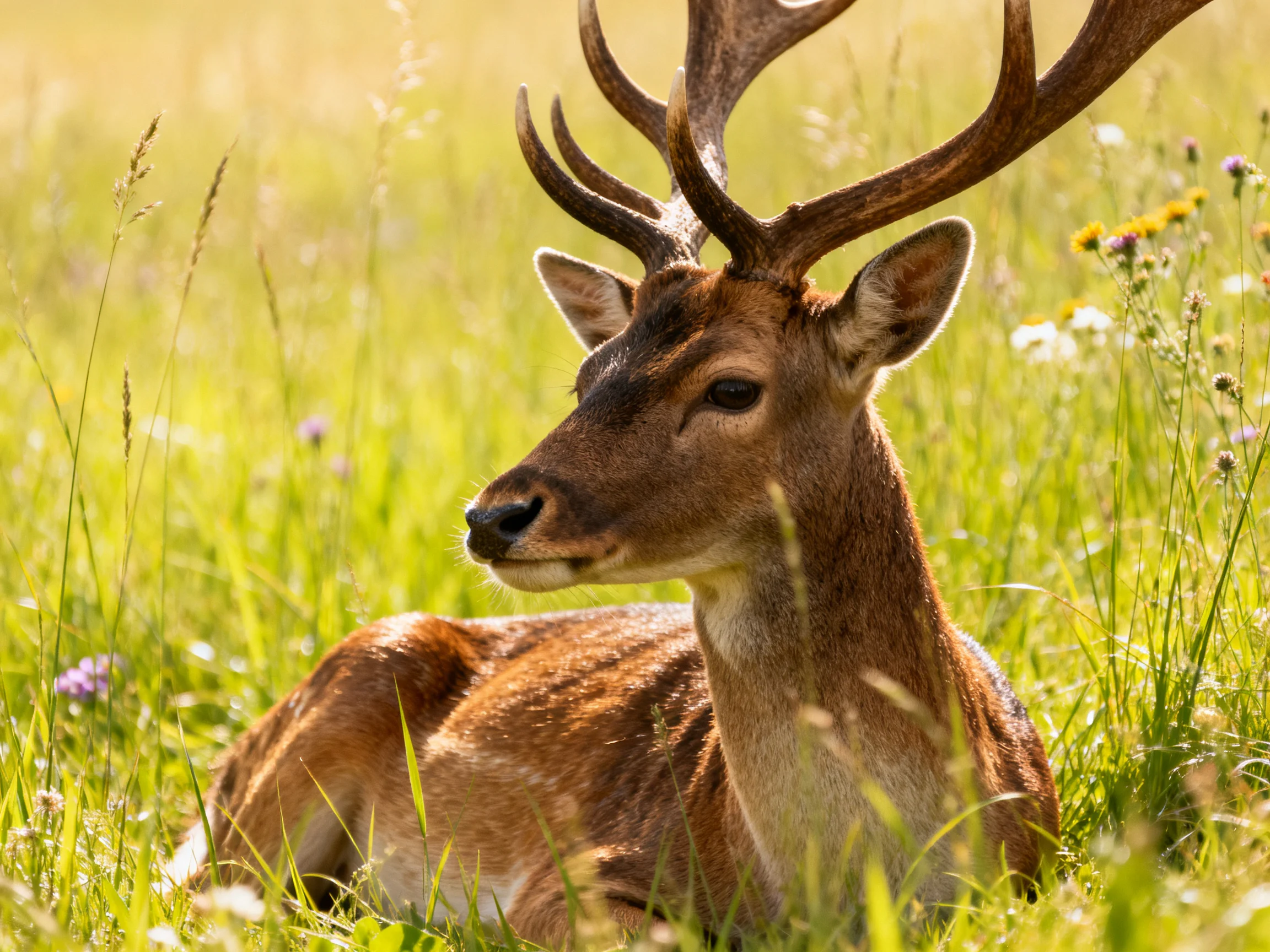 A deer with large antlers lies calmly in a sunlit meadow filled with tall grass.