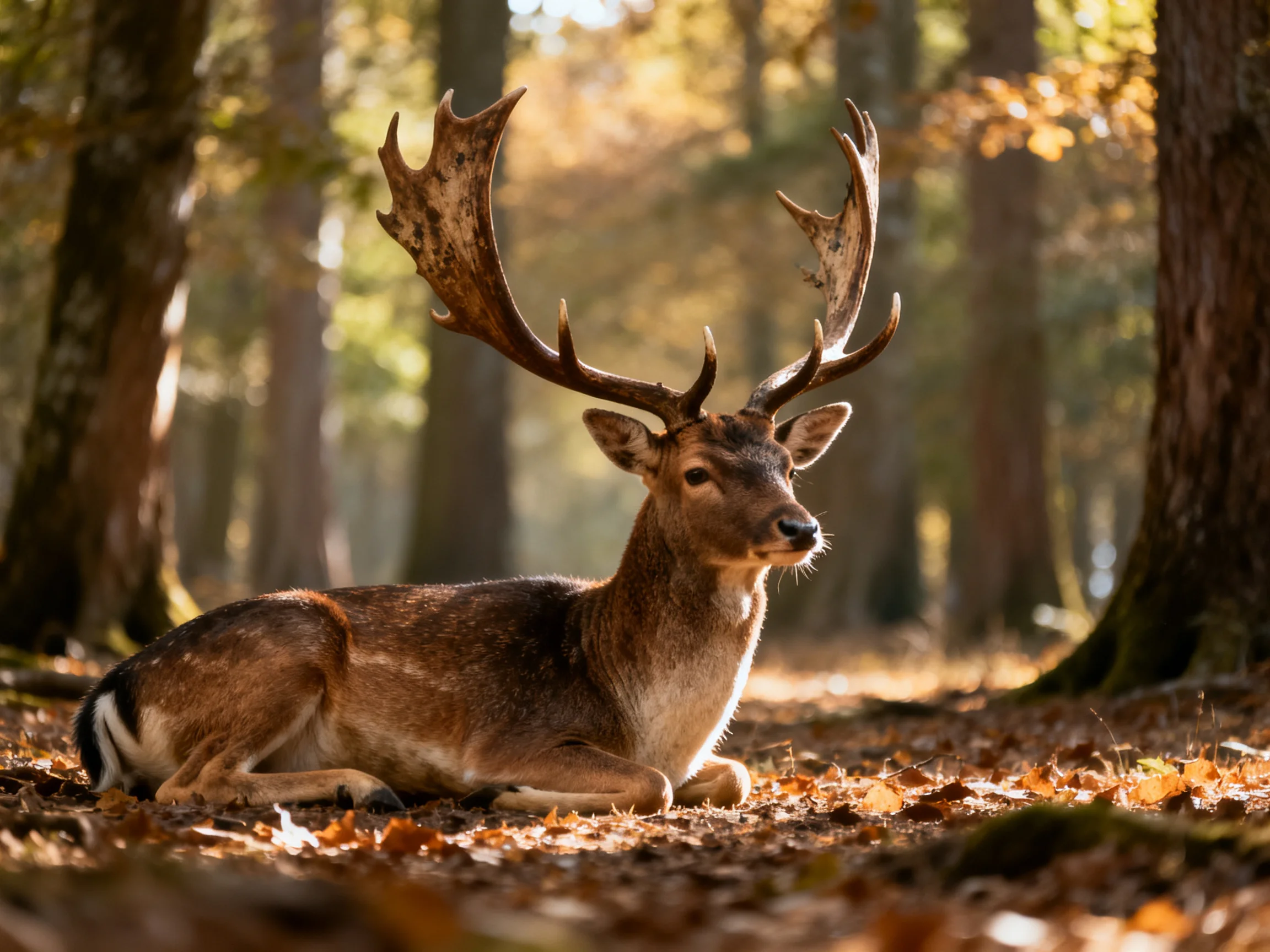 A deer rests among fallen leaves in a sunlit forest.