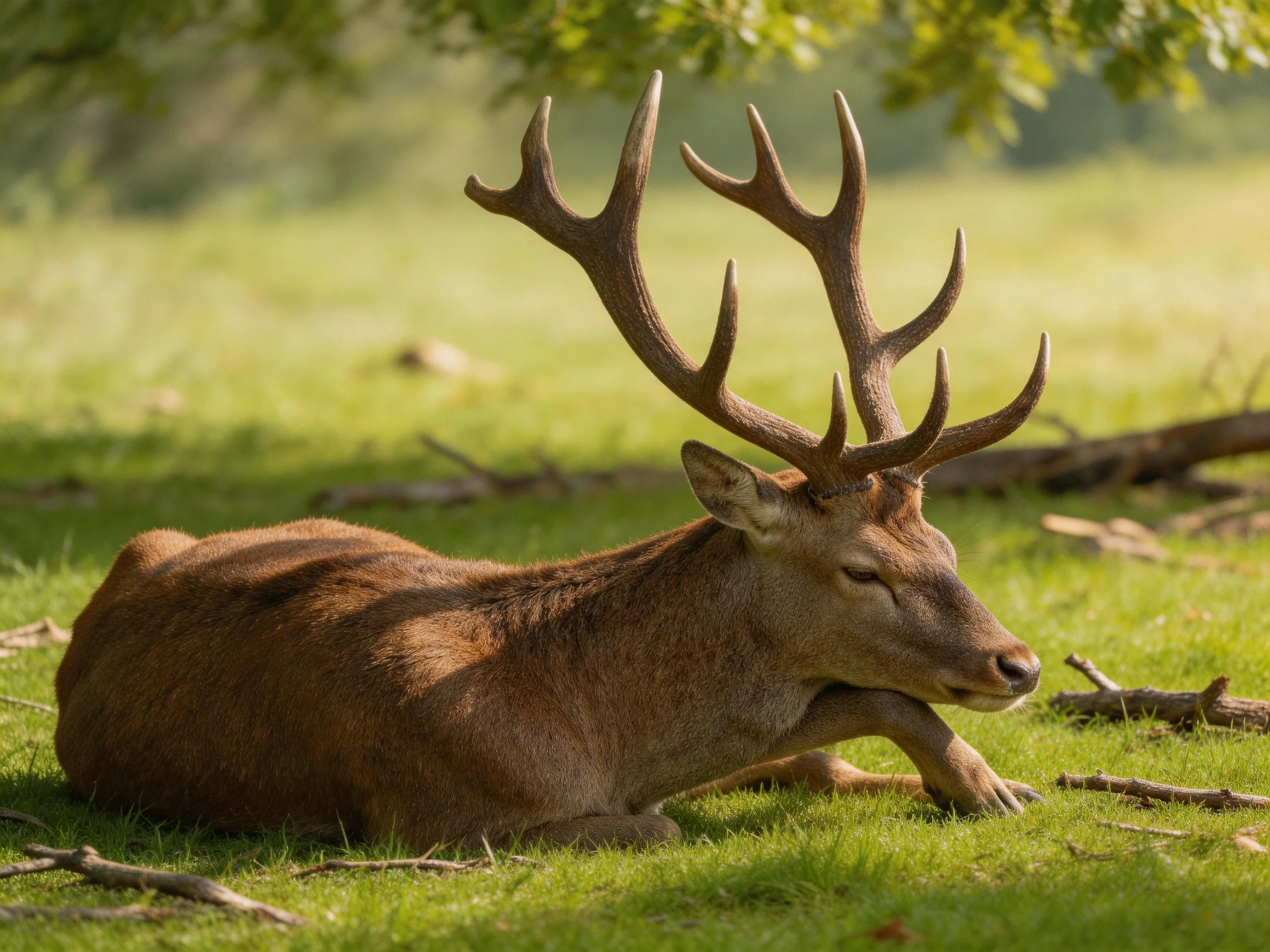 A deer with large antlers rests calmly on the grass in a sunlit area.