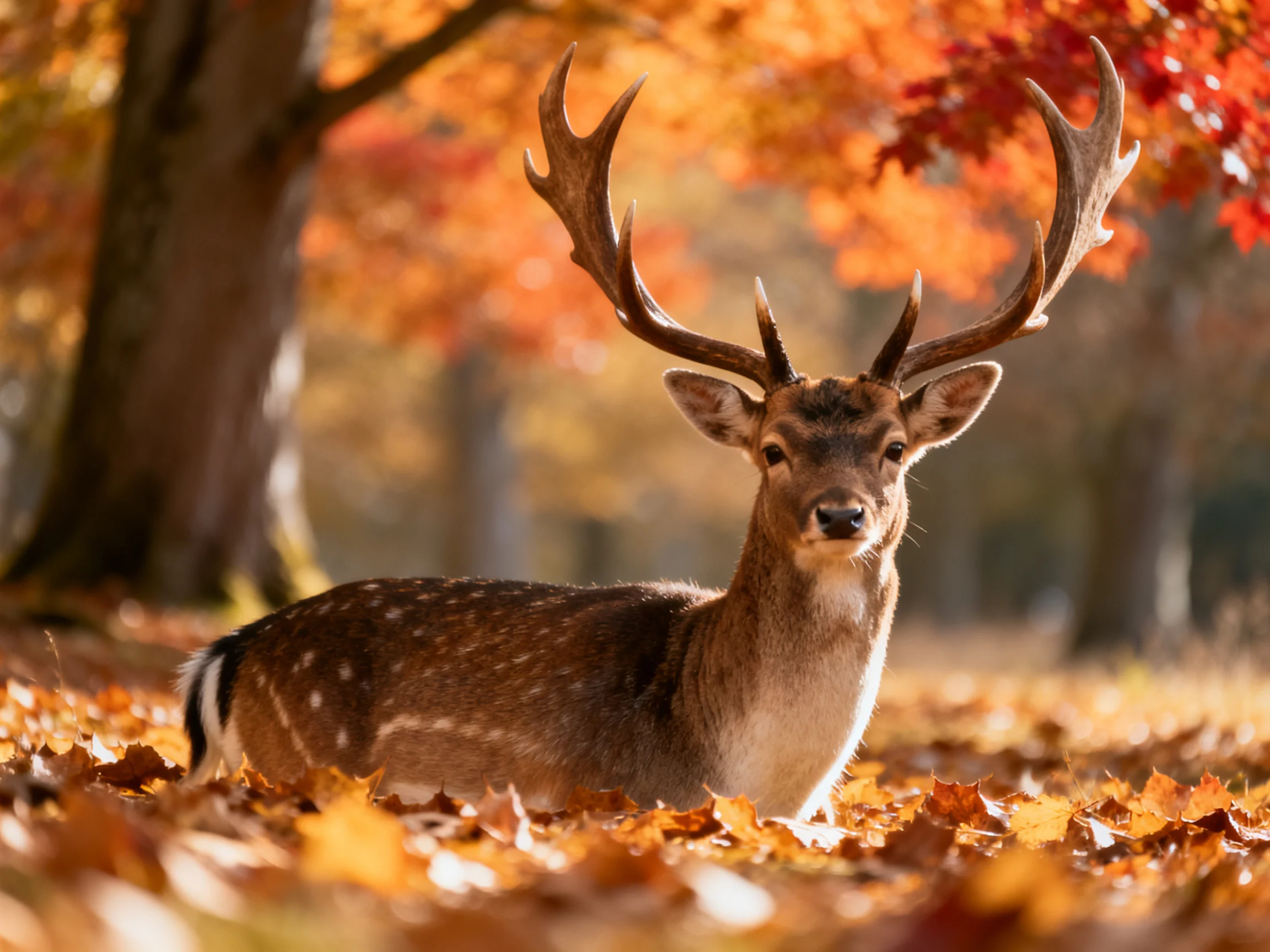 A deer with large antlers rests among autumn leaves in a sunlit forest.