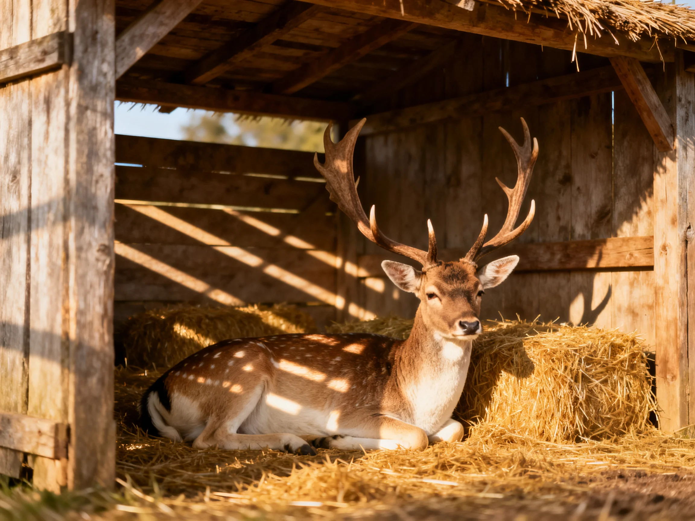 A deer with large antlers rests inside a rustic wooden shelter filled with hay.