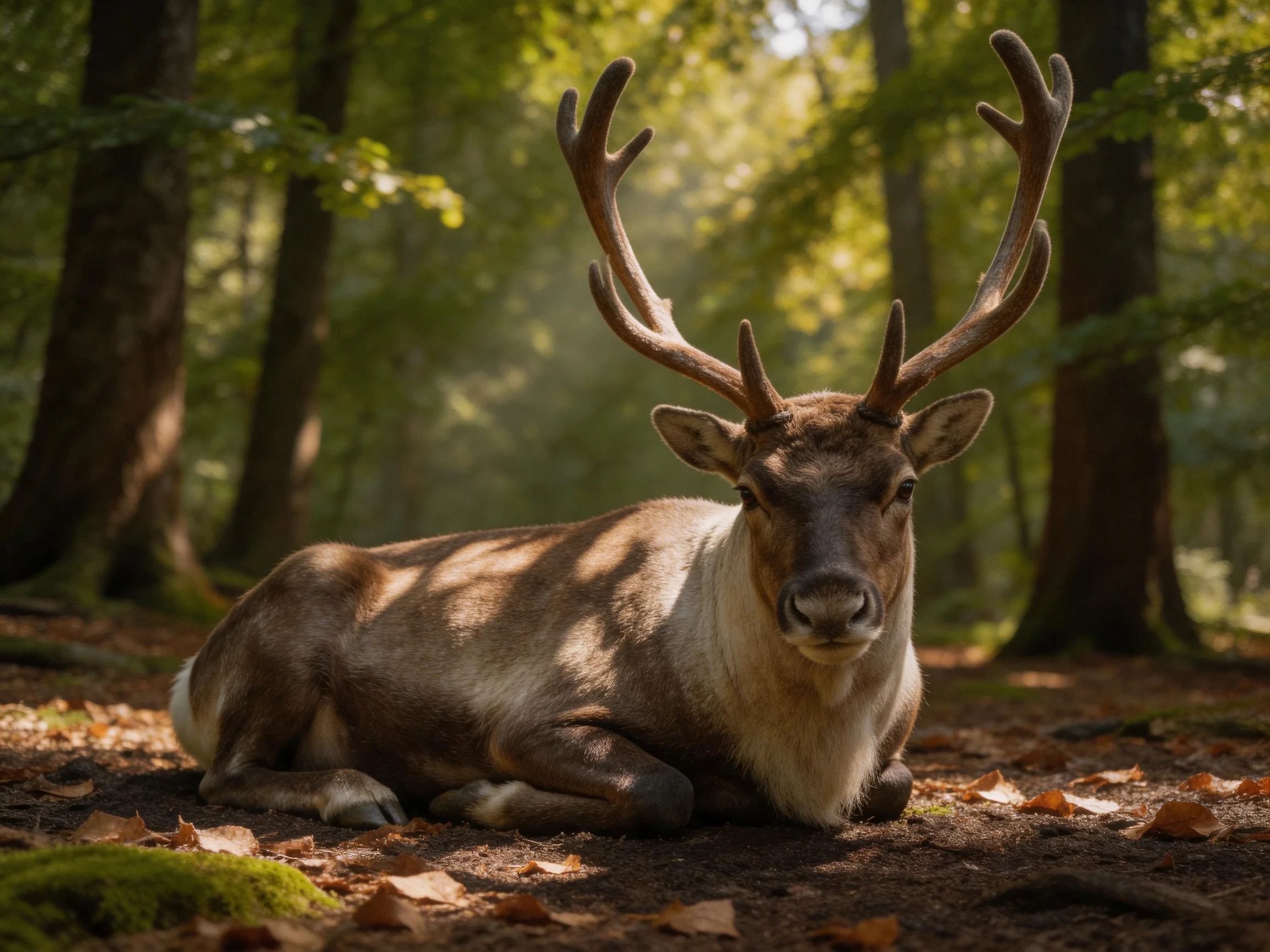 A deer with large antlers lies calmly in a sunlit forest clearing.