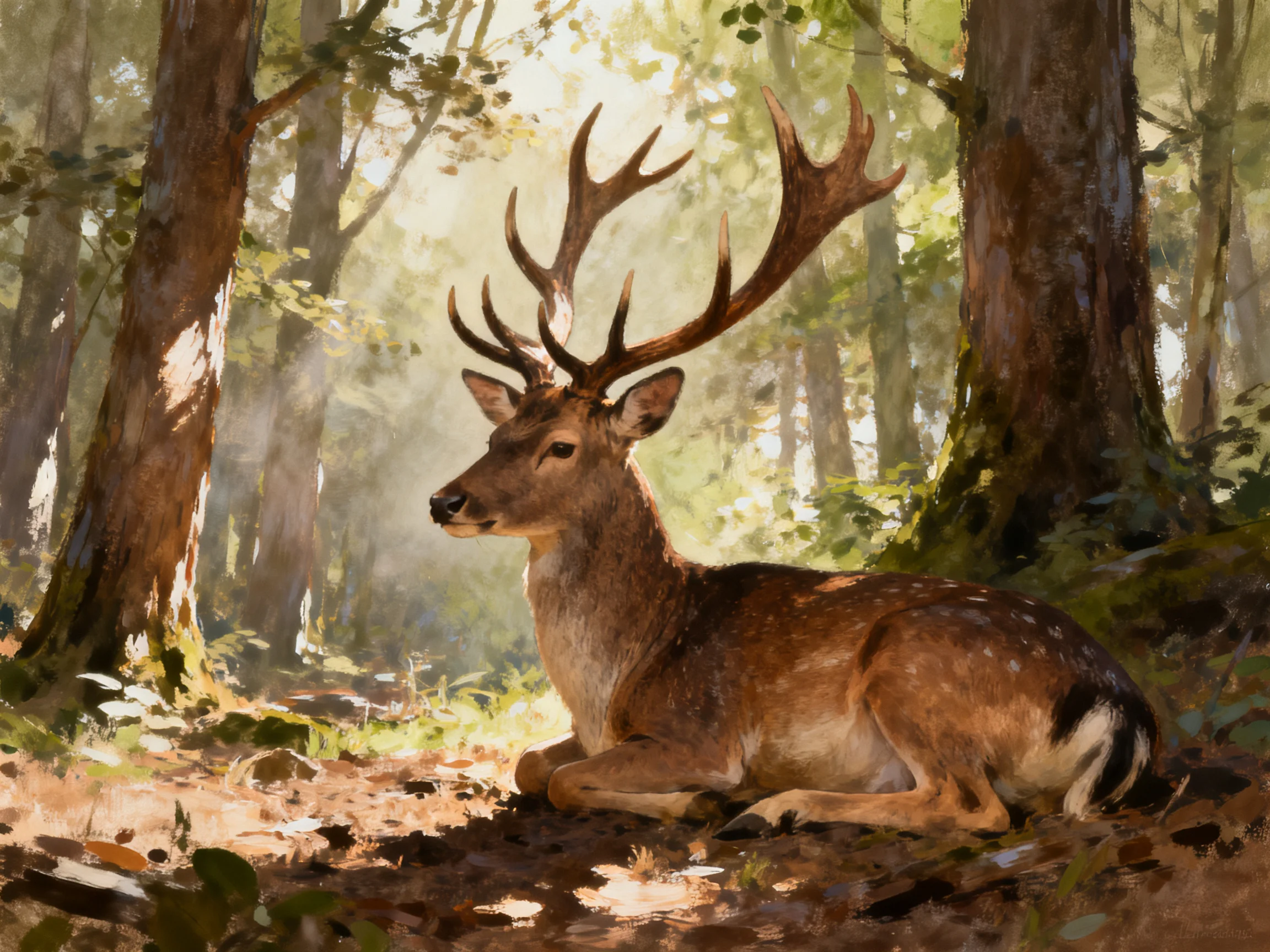 A majestic deer with large antlers rests in a sun-dappled forest