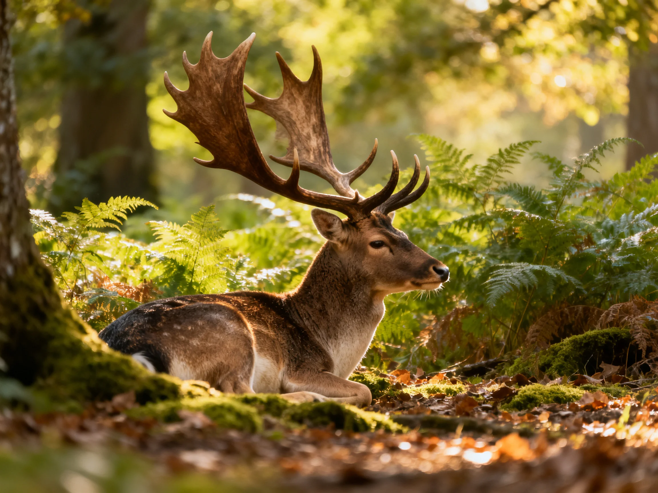 A deer with large antlers relaxes in a sunlit, lush forest.
