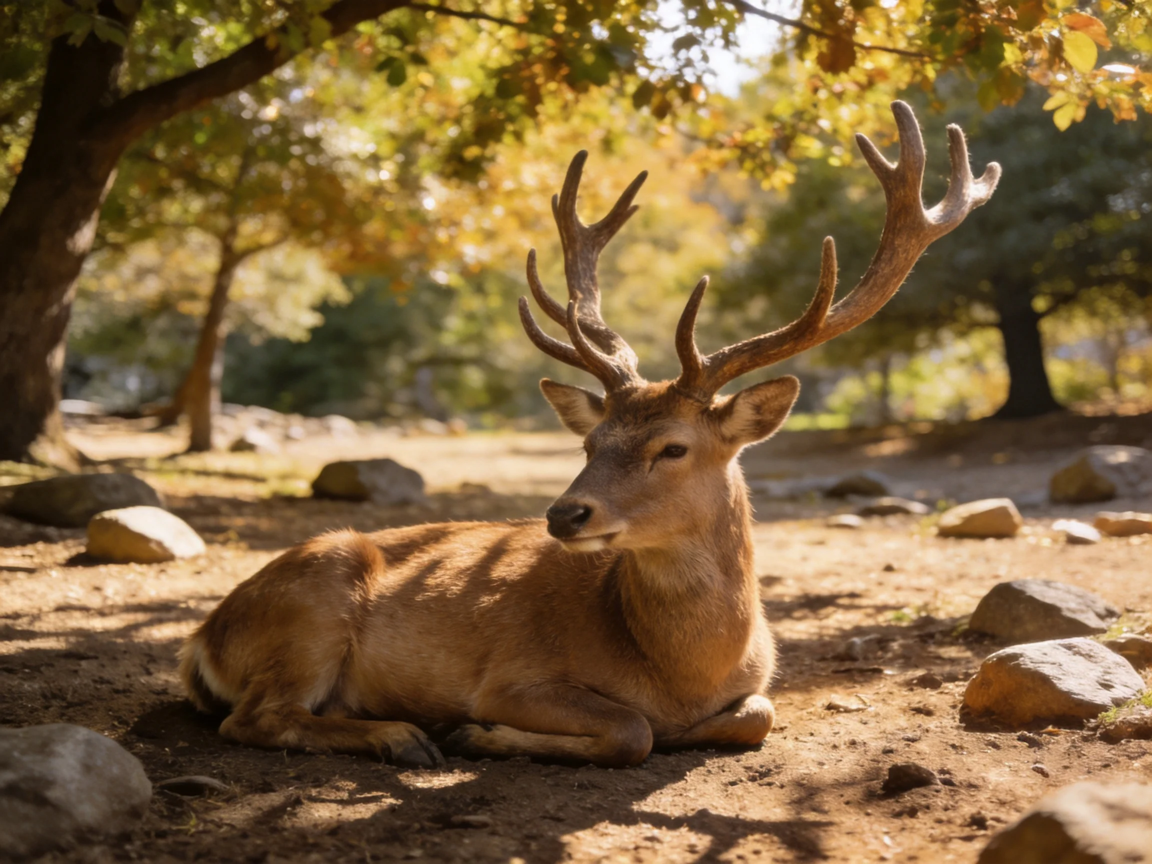 A majestic deer with large antlers rests in a sunlit forest clearing