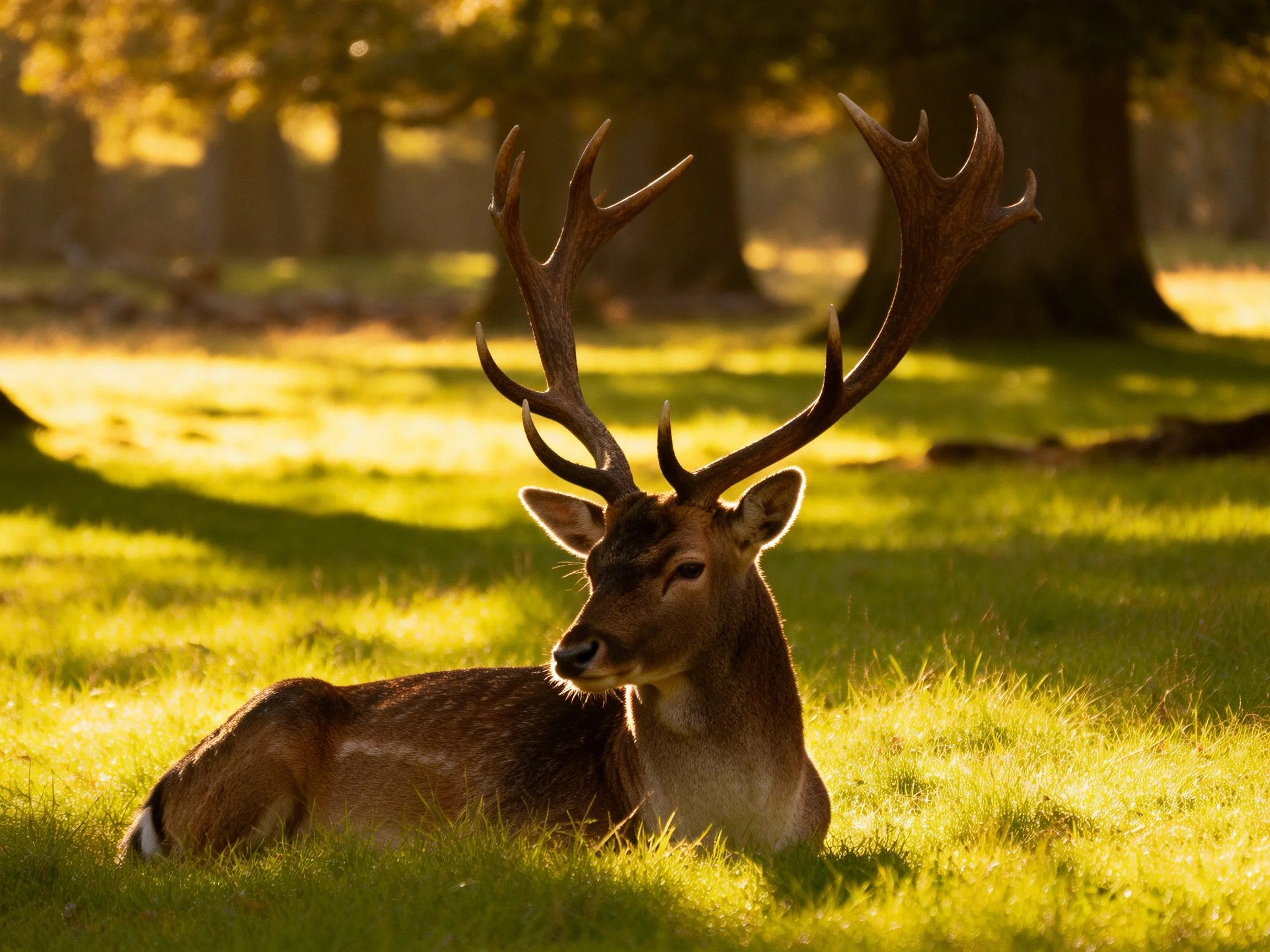 A deer with impressive antlers relaxes in a sunlit forest clearing.