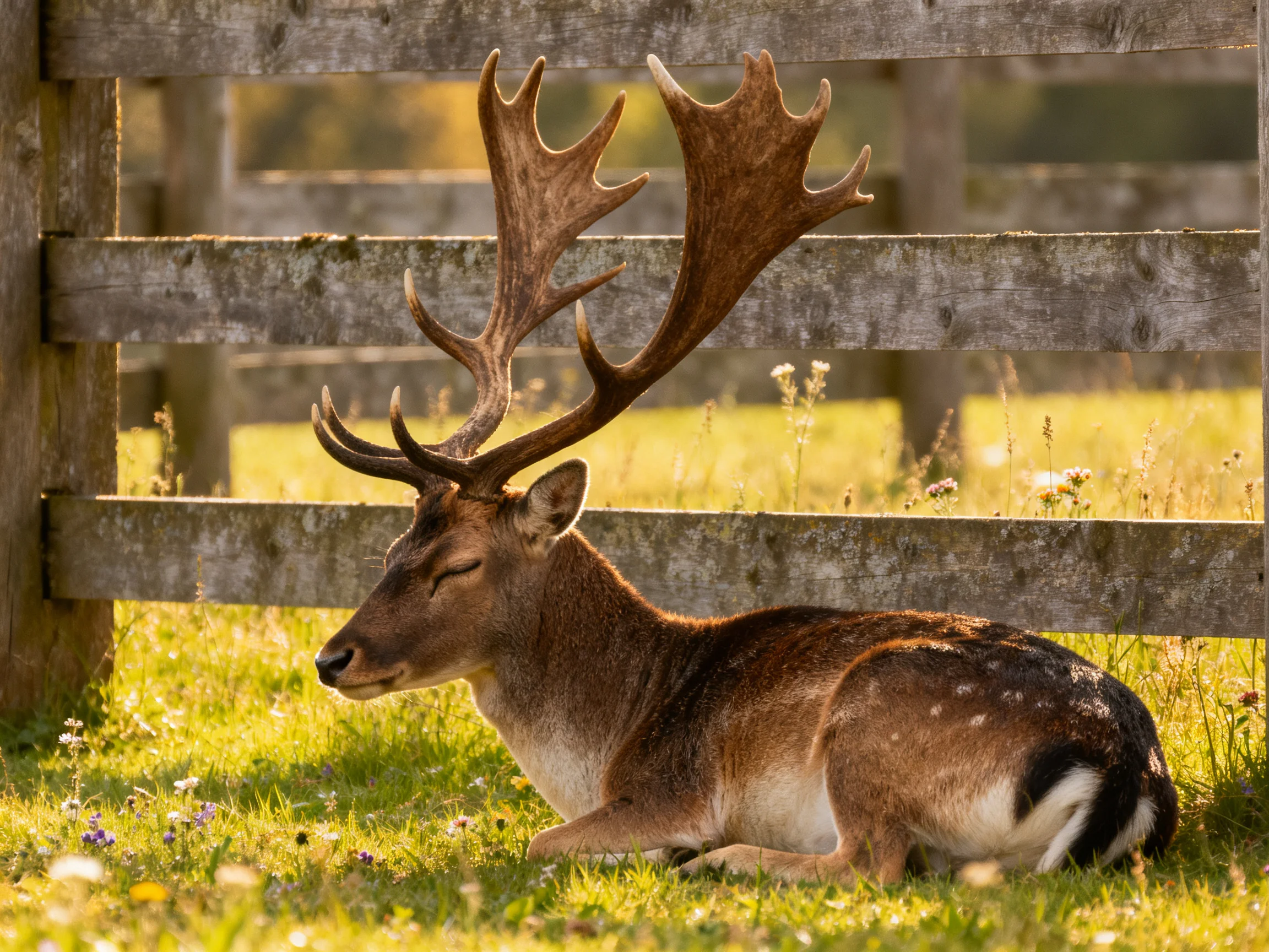 A deer with large antlers rests peacefully near a wooden fence in a sunlit area.