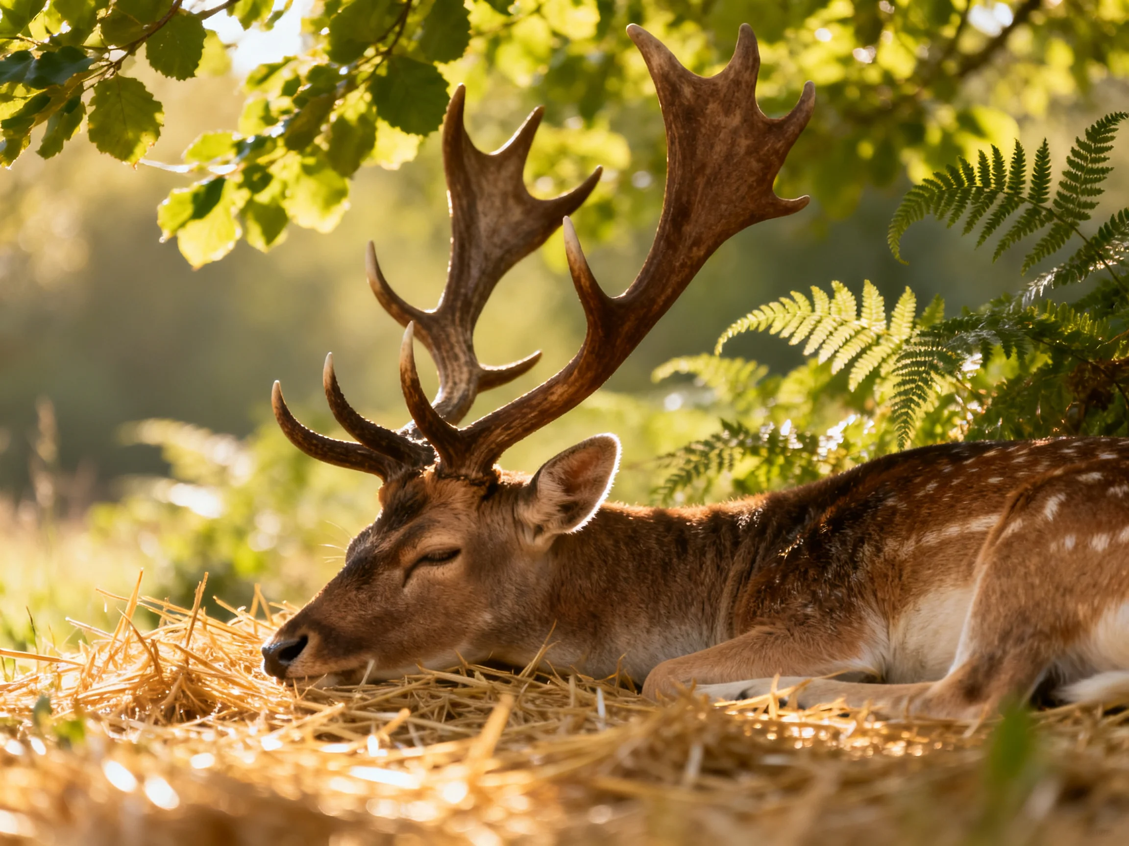 A majestic deer with large antlers rests on golden straw amid lush green foliage