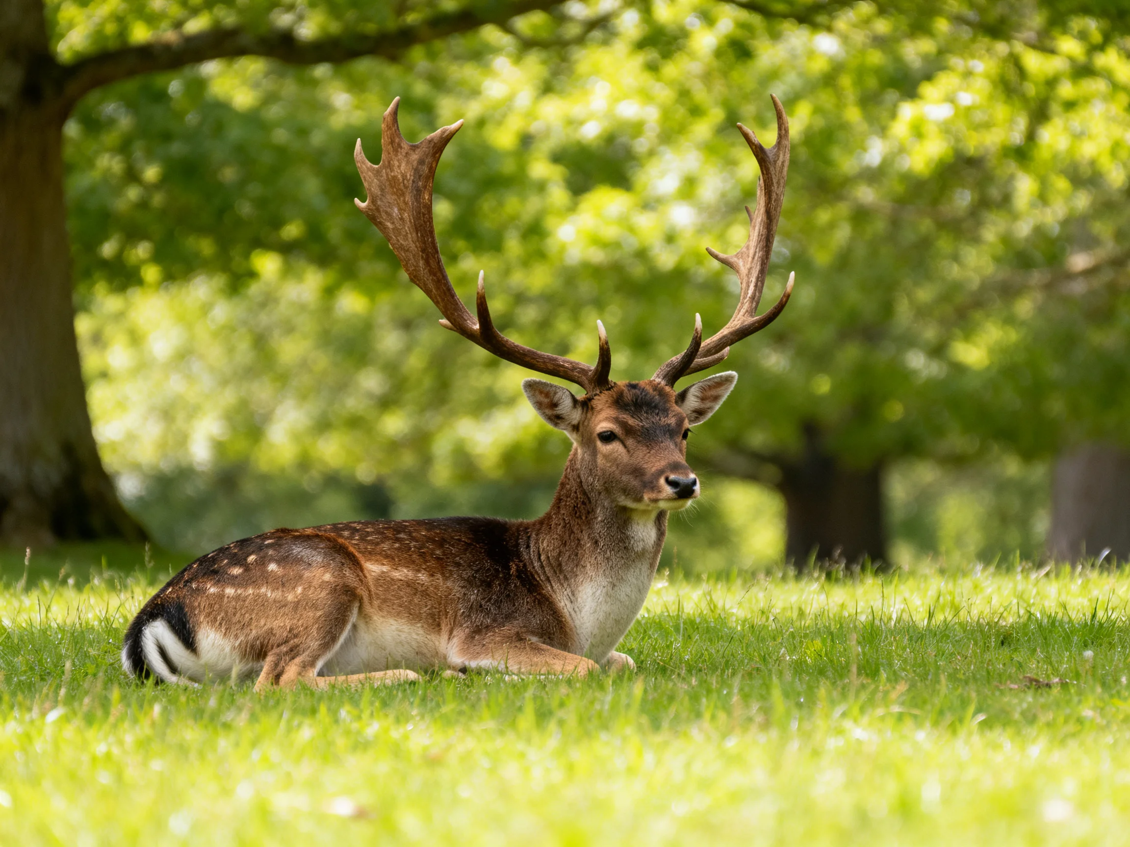 A deer with large antlers rests on green grass in a sunlit wooded area.
