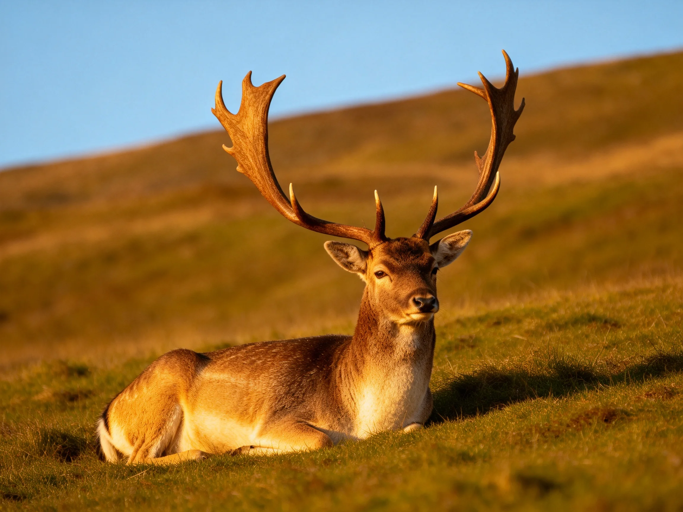 A majestic deer with large antlers rests on sunlit rolling green hills