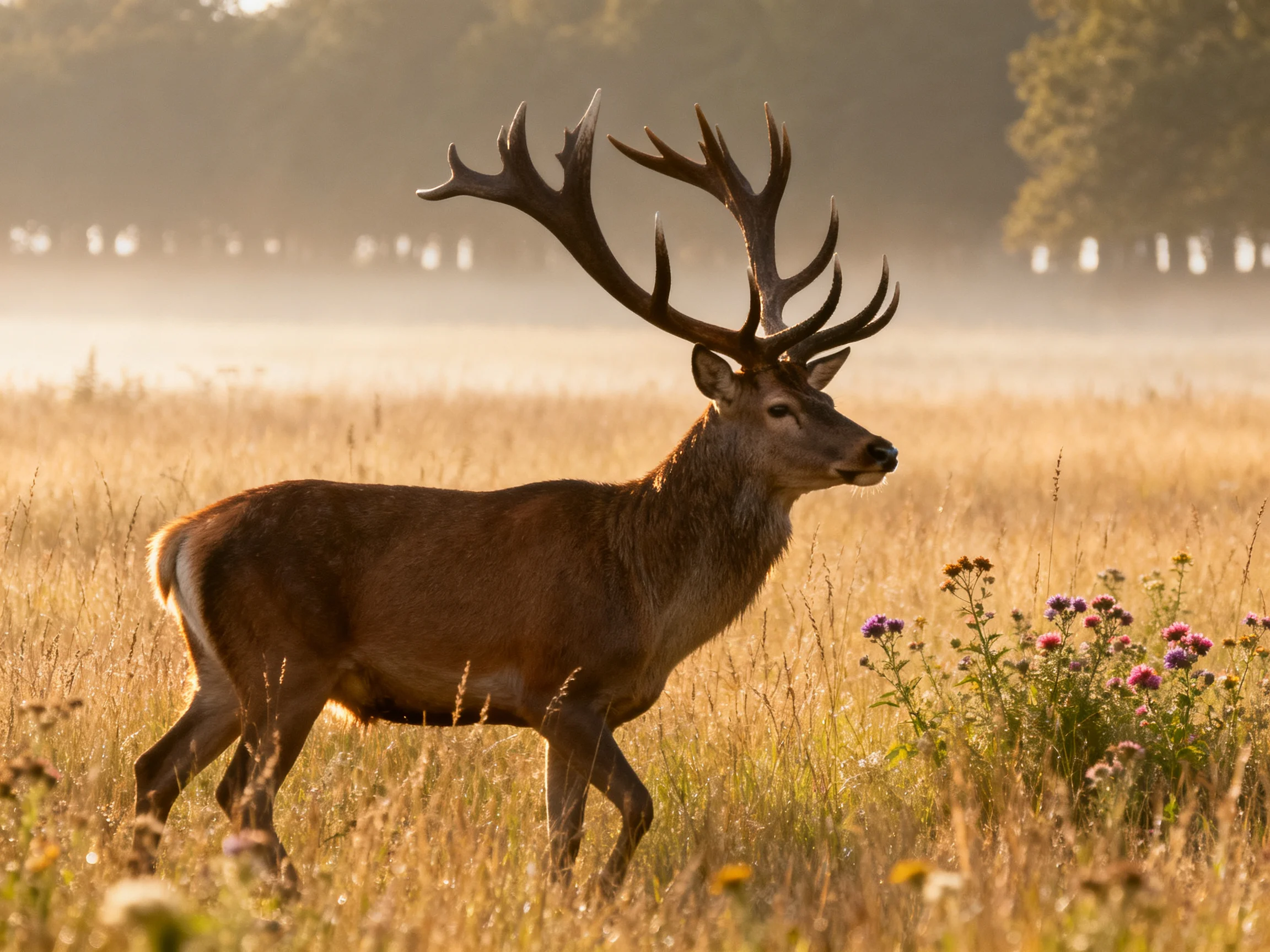 A majestic deer with large antlers roams golden meadow