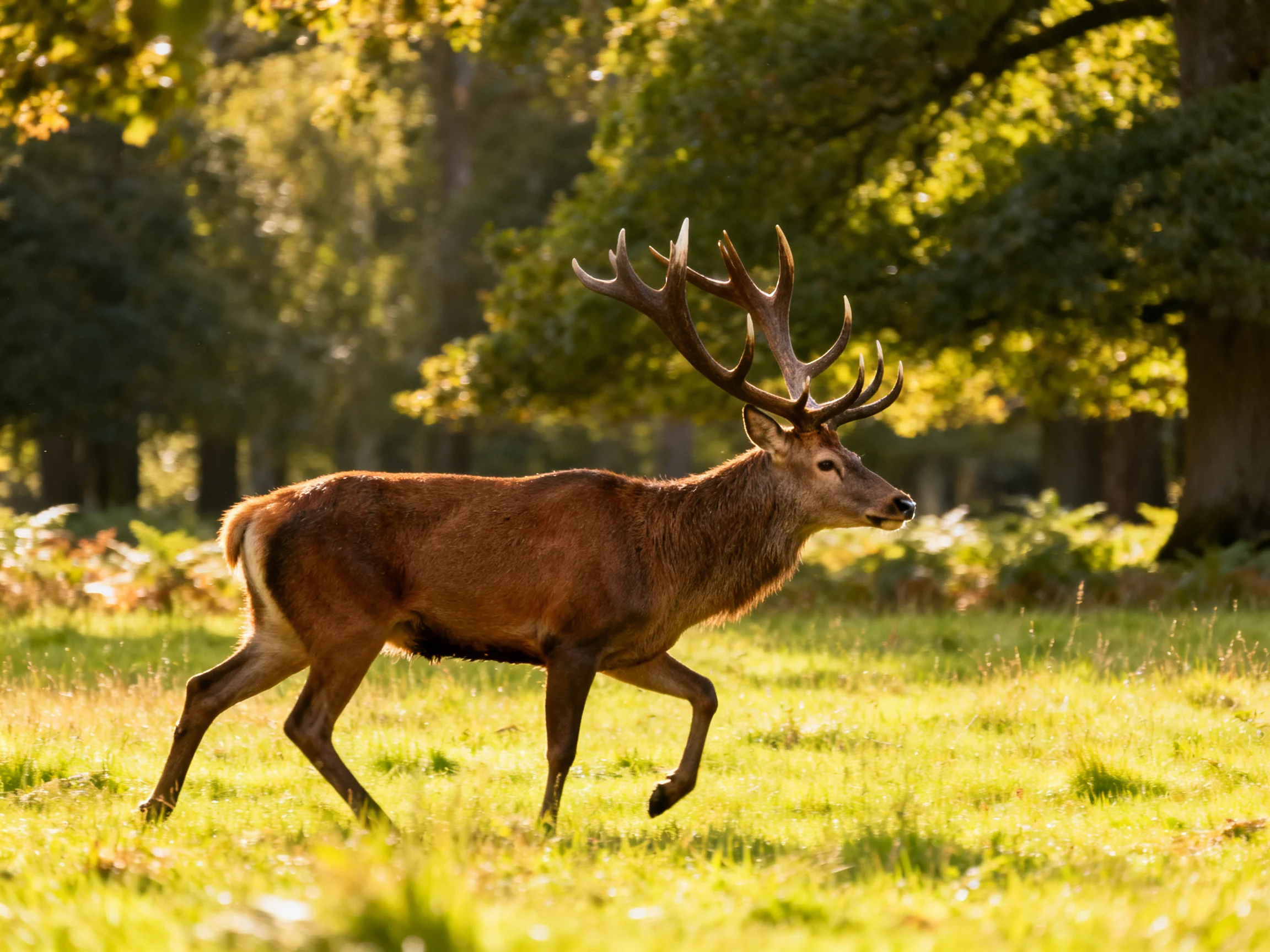 A majestic deer with large antlers running through a sunlit meadow