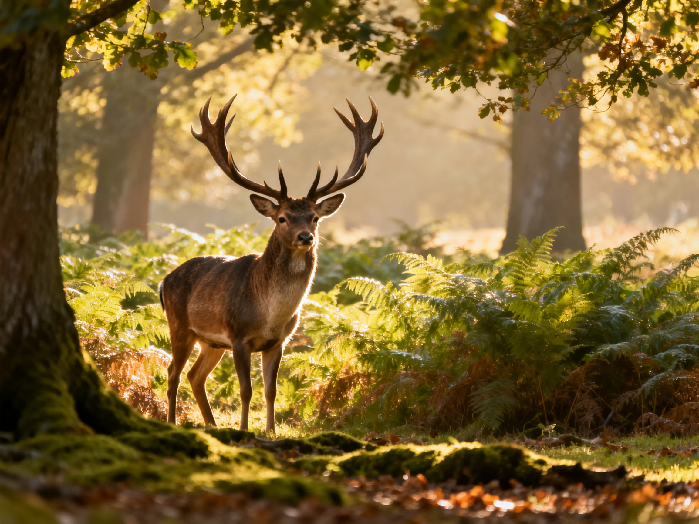 A majestic deer with large antlers stands amid lush greenery and golden sunlight