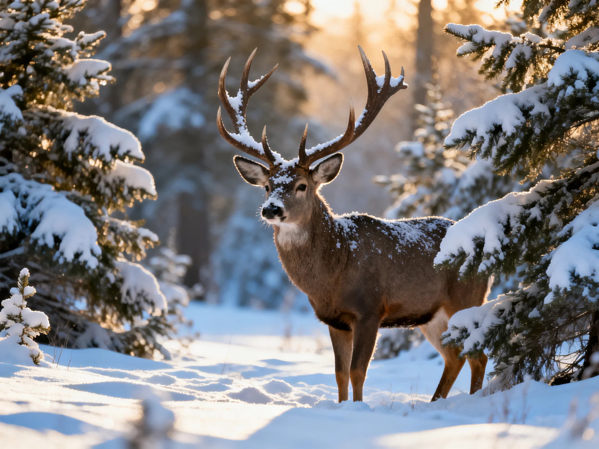 A majestic deer with large antlers stands amid snow-covered pine trees in a sunlit winter forest