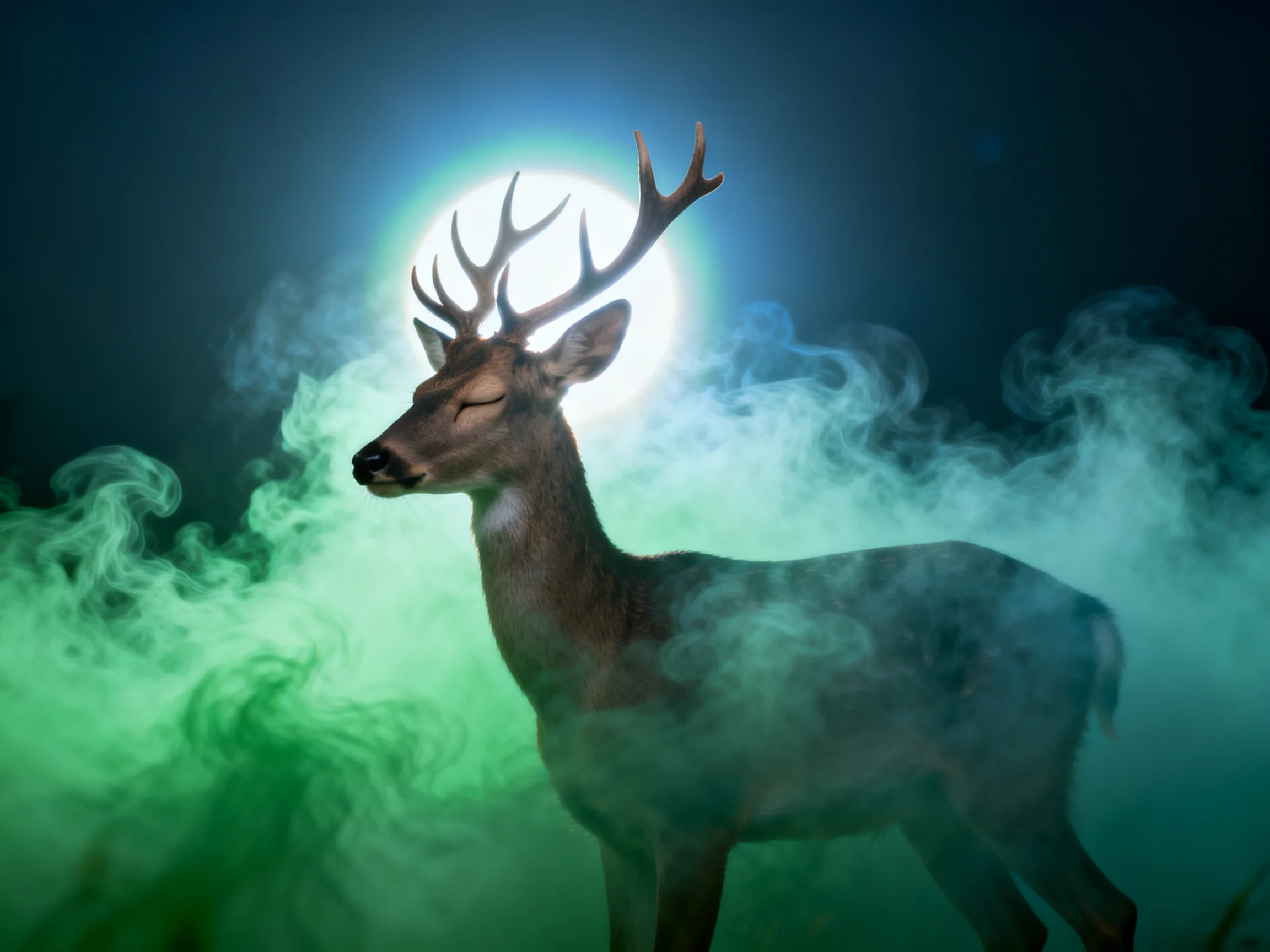A majestic deer with large antlers stands amid swirling green mist under a bright moon
