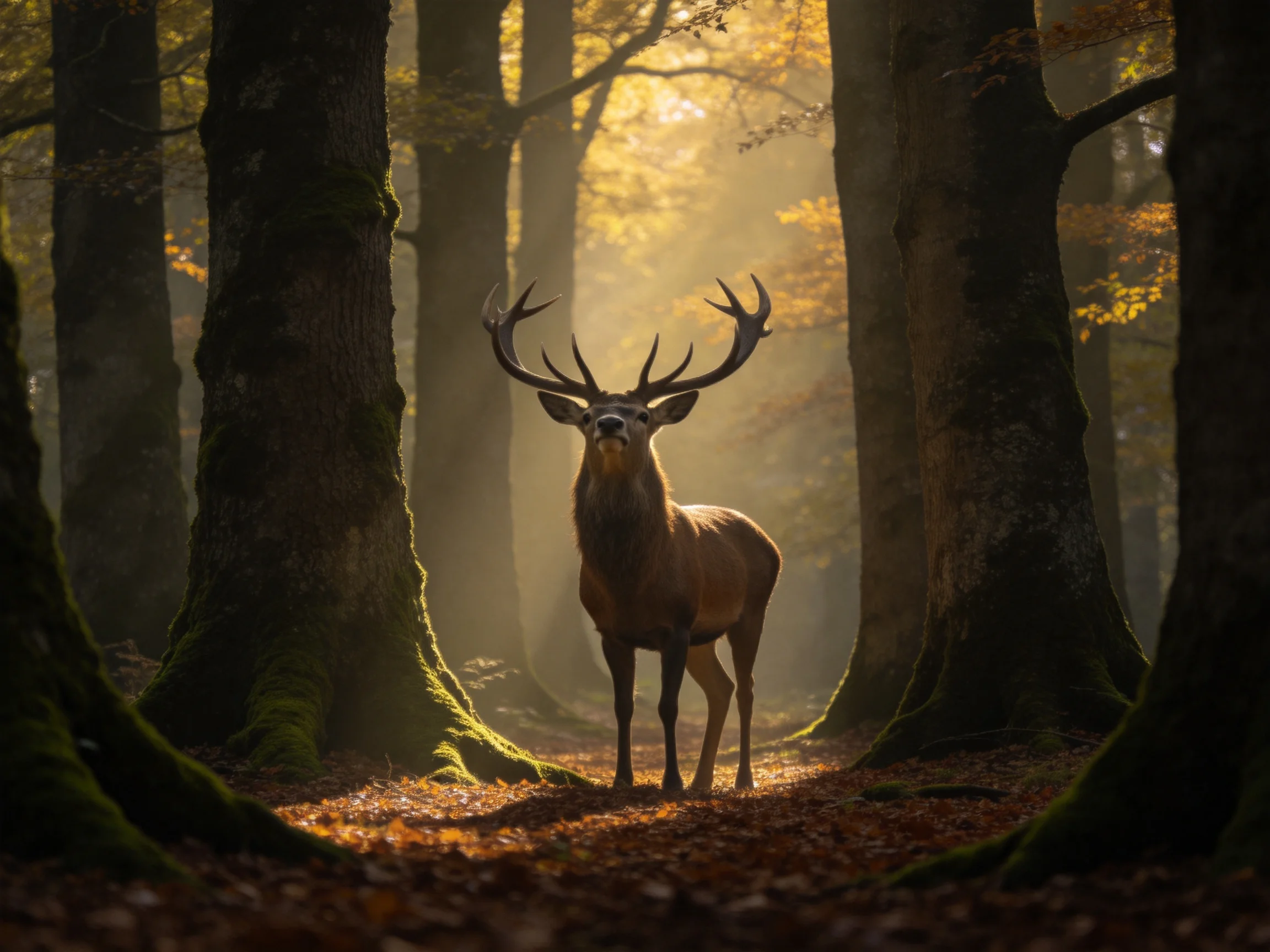 A majestic deer with large antlers stands amid tall mossy trees in golden light