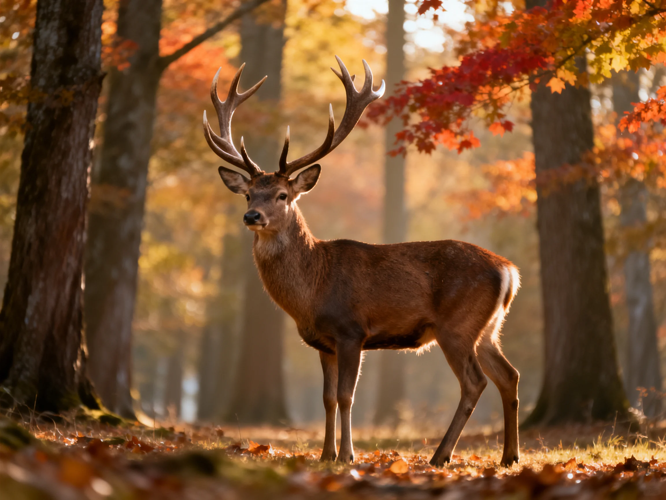 A majestic deer with large antlers stands among colorful autumn trees