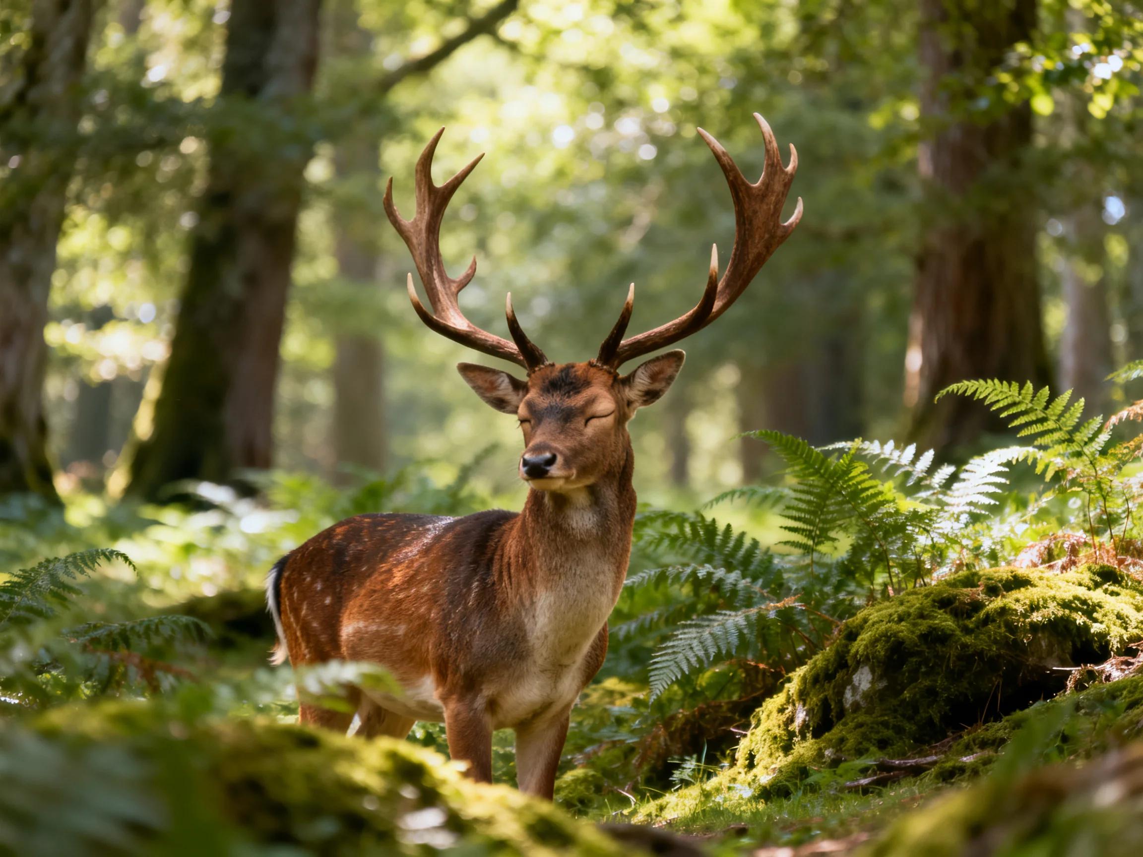 A majestic deer with large antlers stands among lush ferns and moss in a sunlit forest