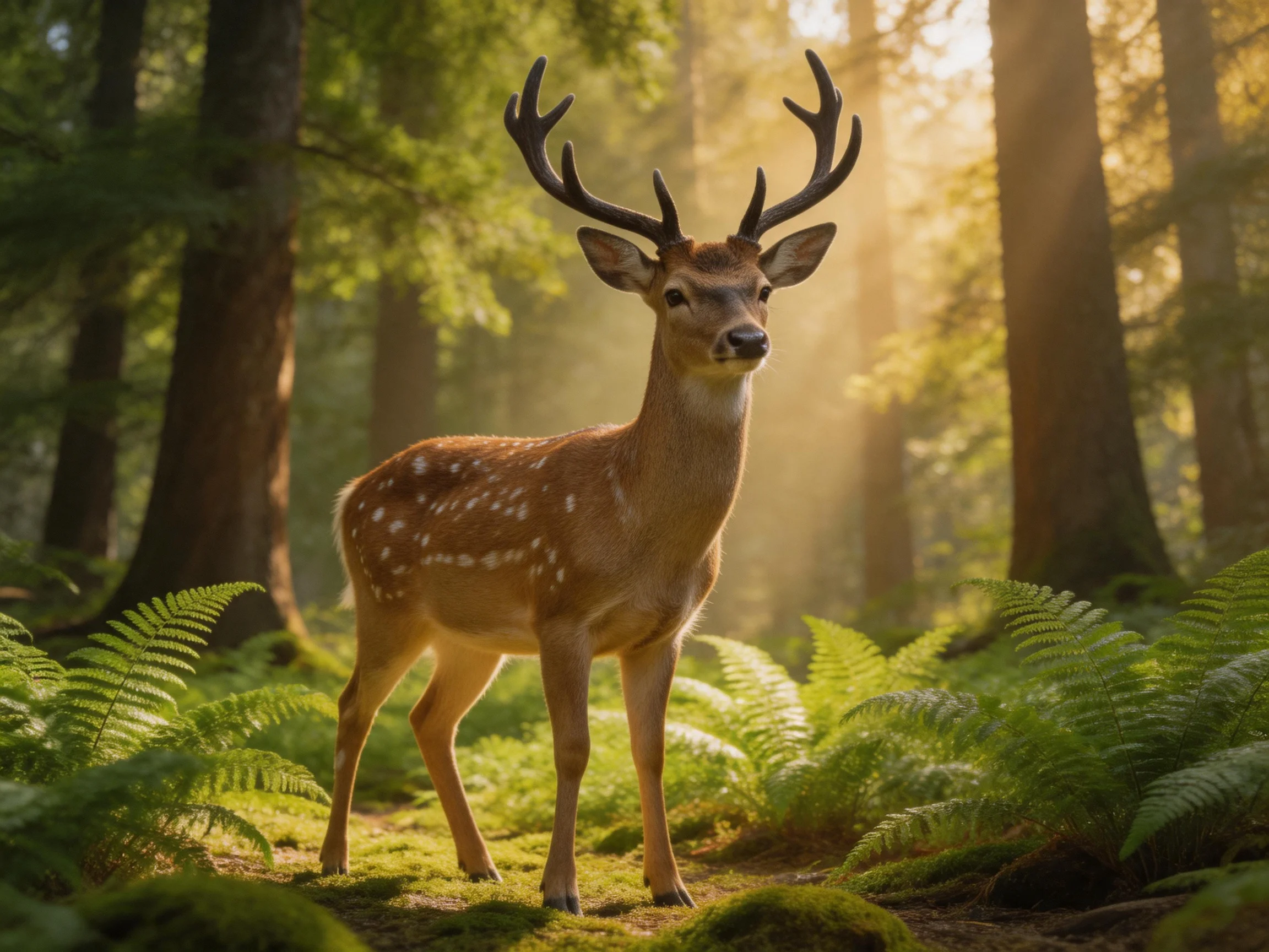 A deer with large antlers stands in a sunlit forest filled with ferns.