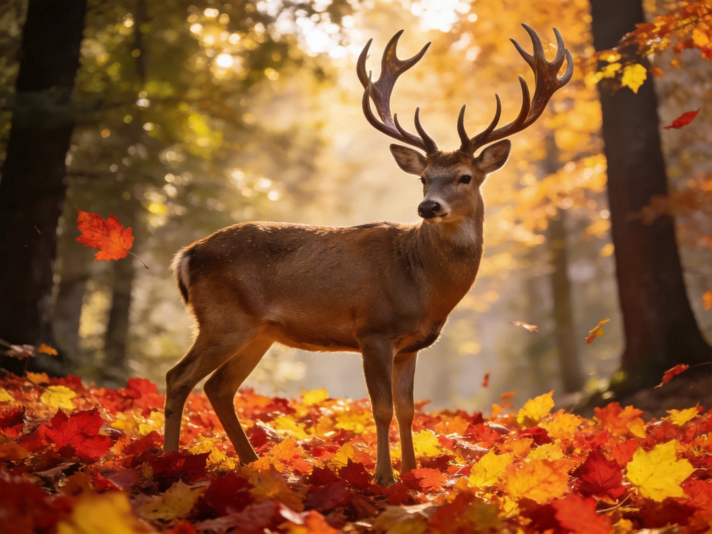 A majestic deer with large antlers stands among vibrant fall leaves in a sunlit forest