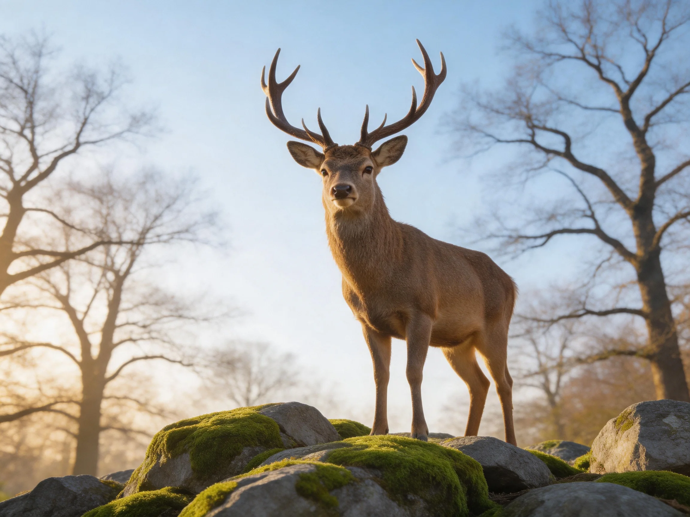A deer with large antlers stands on mossy rocks in a sunlit area surrounded by leafless trees