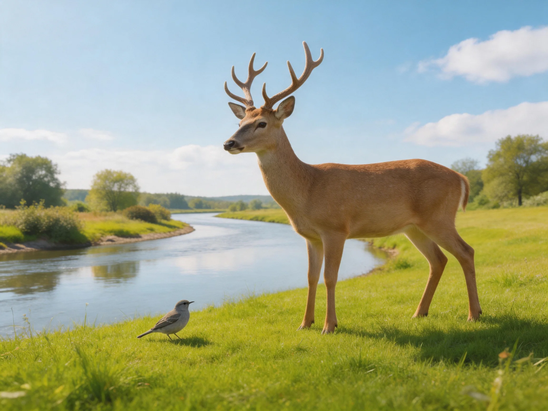 A deer and a small bird are present on a grassy riverside area.