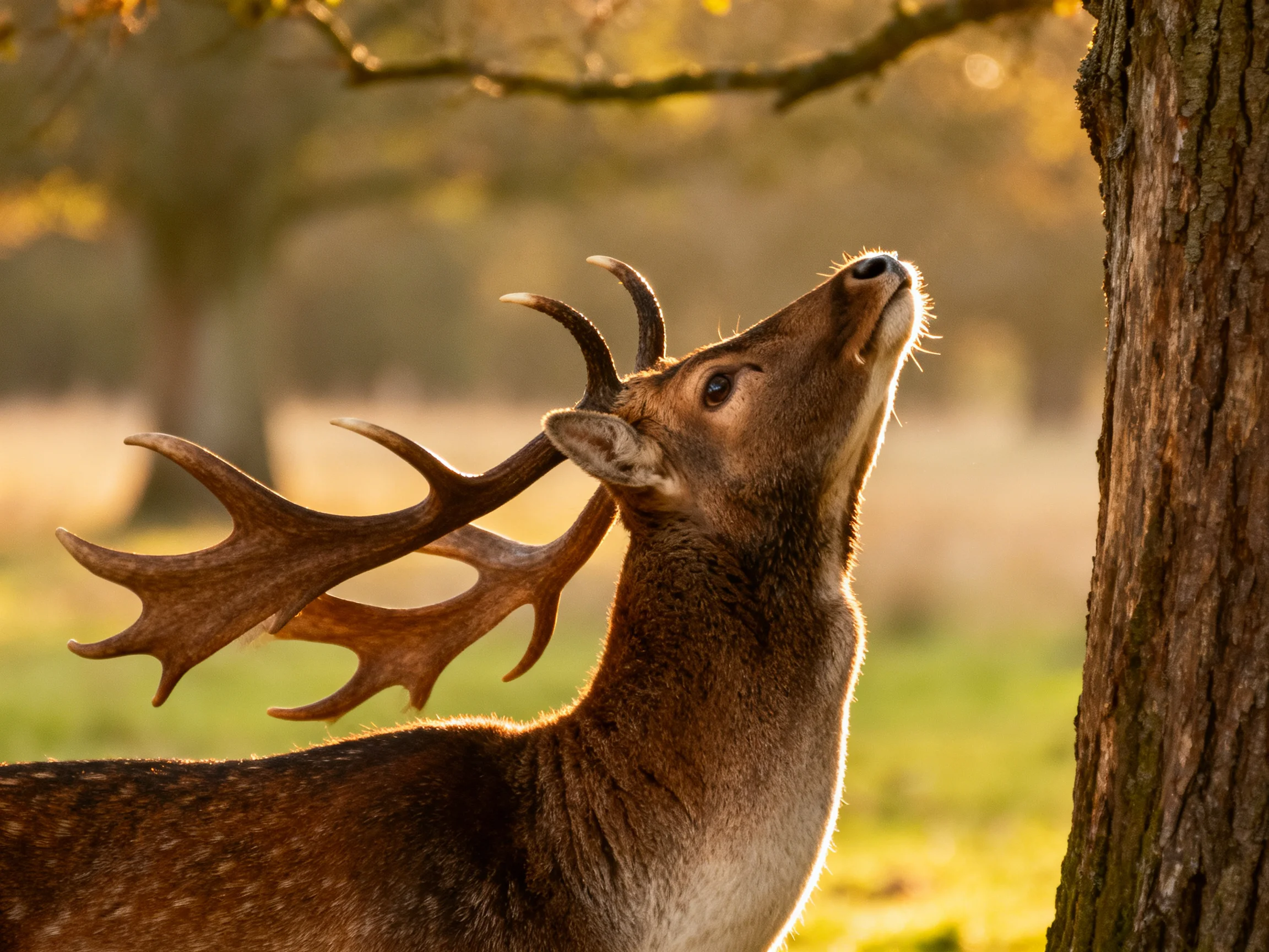 A deer with large antlers gazes upward next to a tree in a sunlit forest.