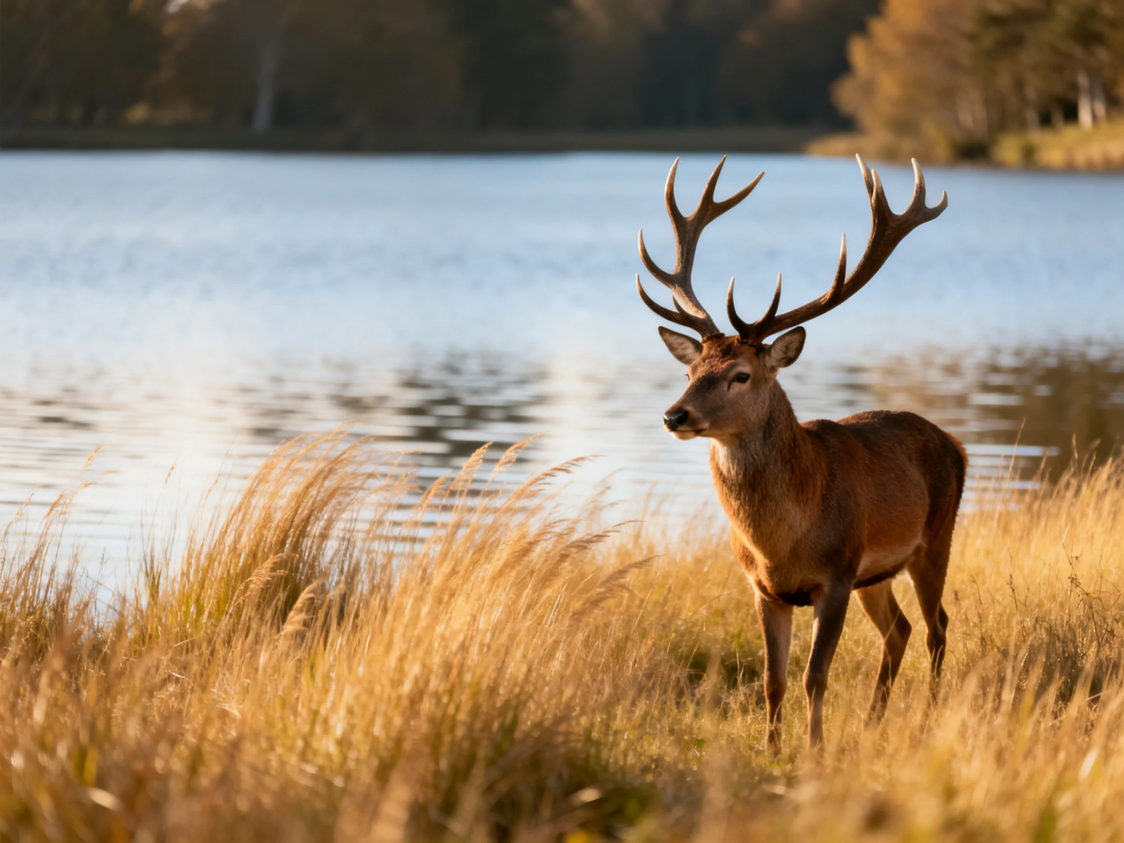 A majestic deer with large antlers stands by a calm blue lake among golden grasses