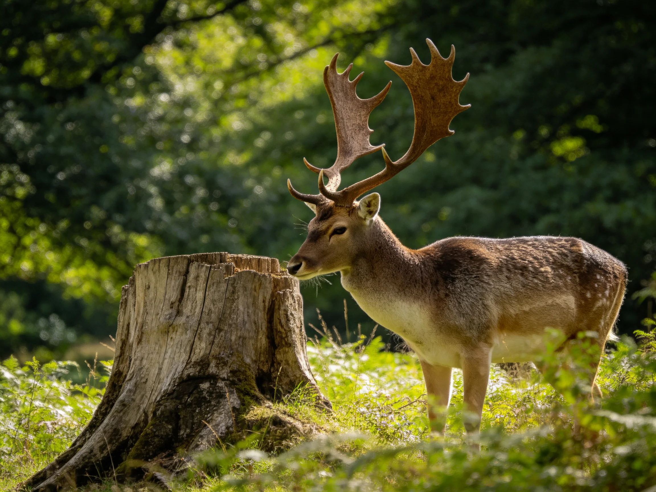 A deer with large antlers approaches an old tree stump in a sun-dappled forest.