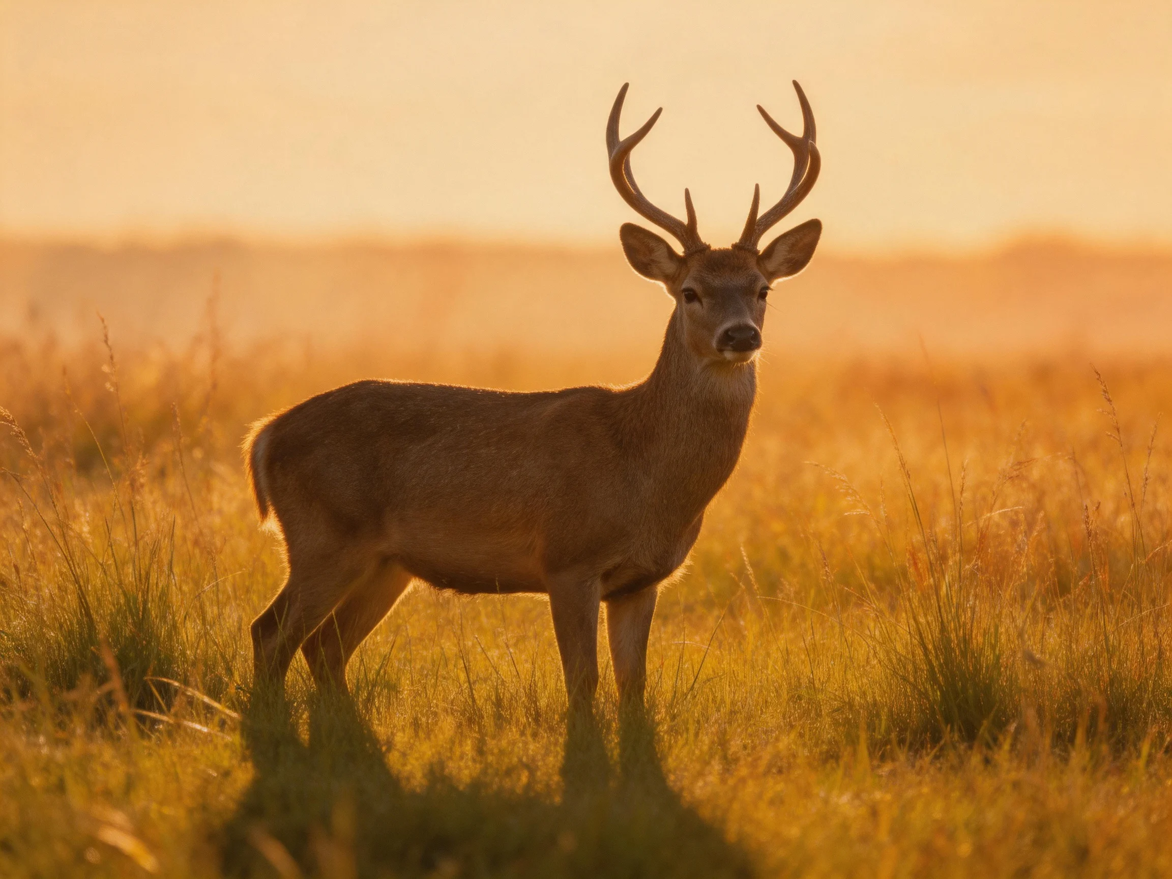 A majestic deer with large antlers stands in a golden grassy field