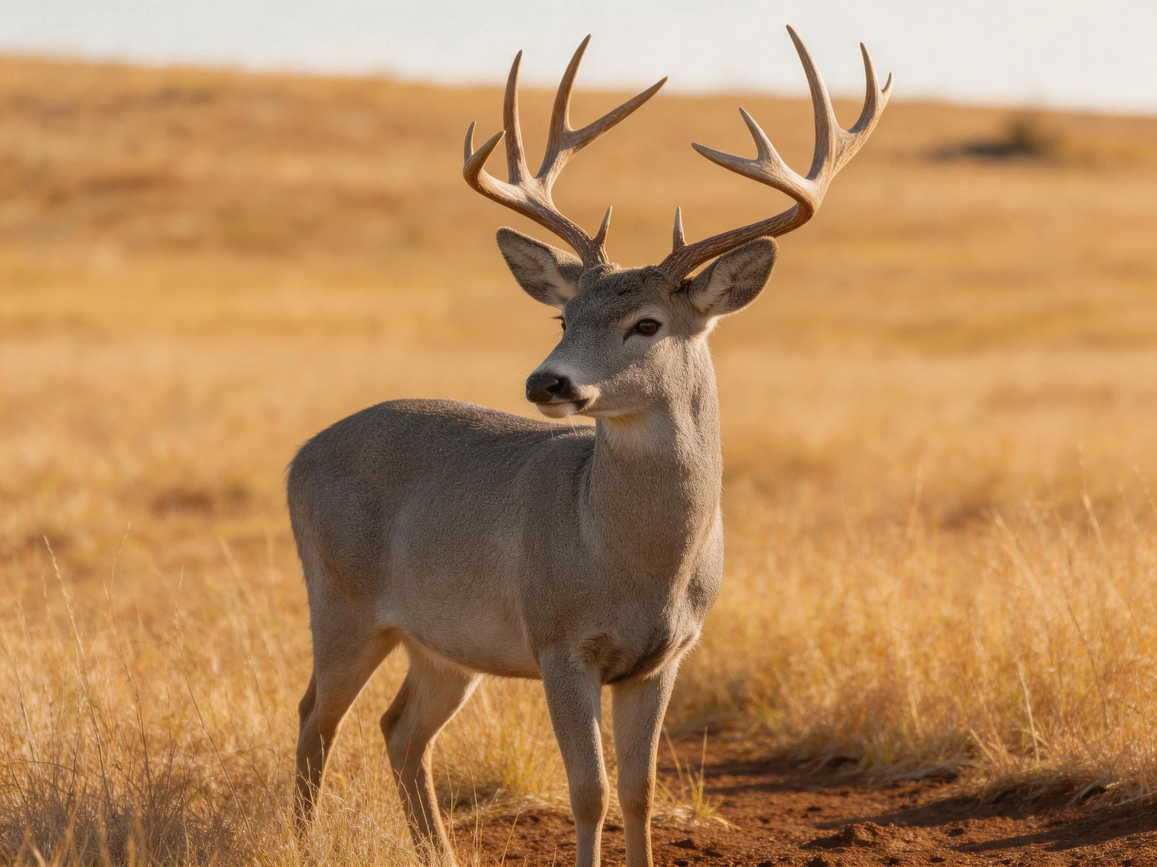 A deer with large antlers stands in a sunlit golden field.