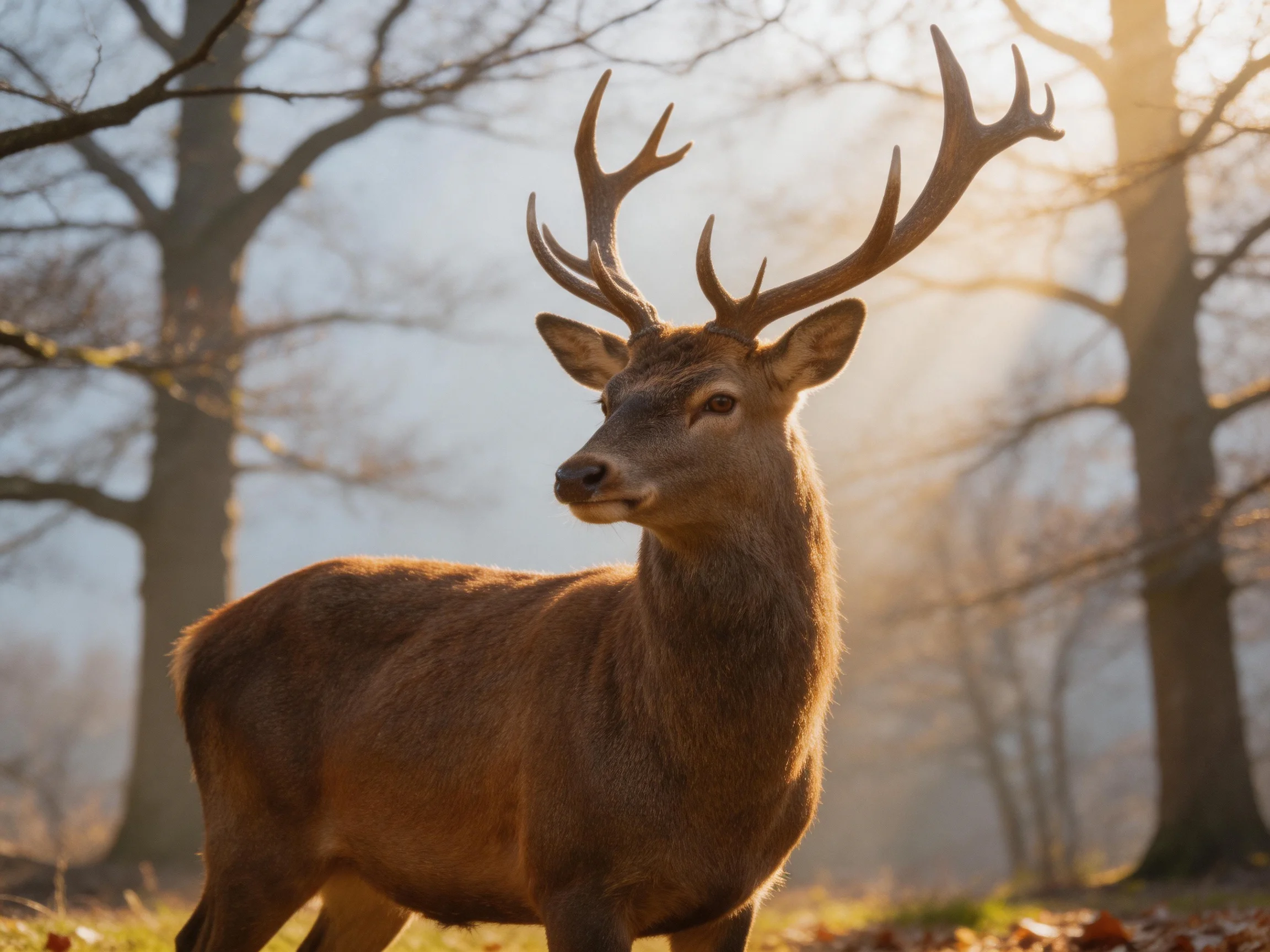 A majestic deer with large antlers stands in a sunlit forest clearing