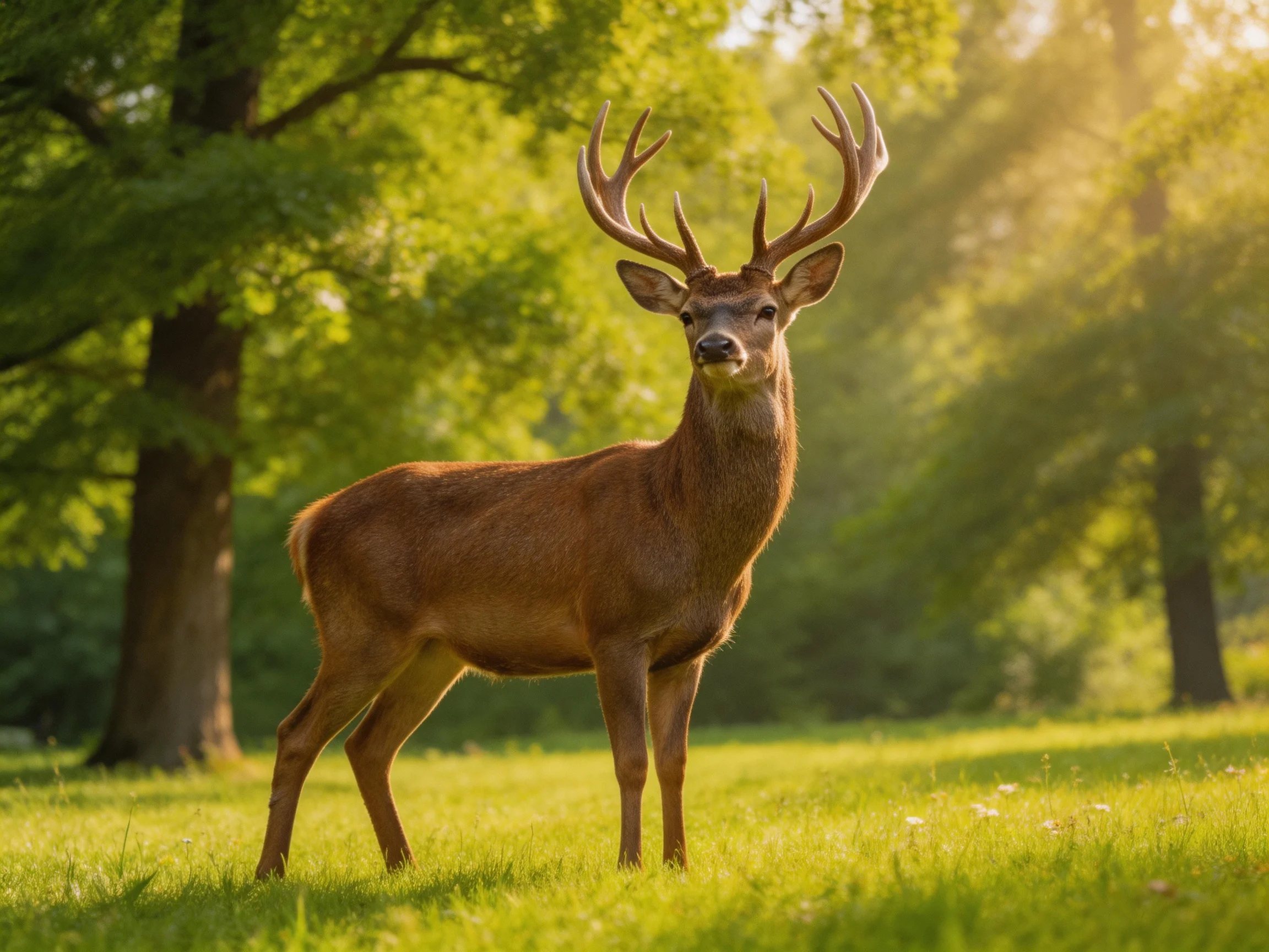A majestic deer with large antlers stands in a sunlit forest clearing