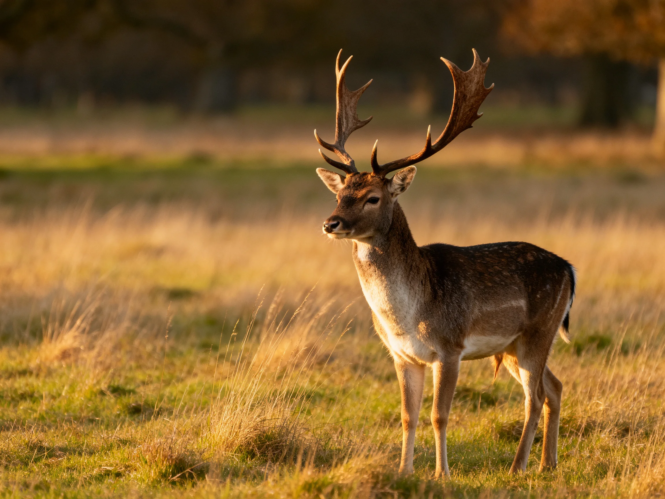 A deer with large antlers stands in a sunlit grassy area.