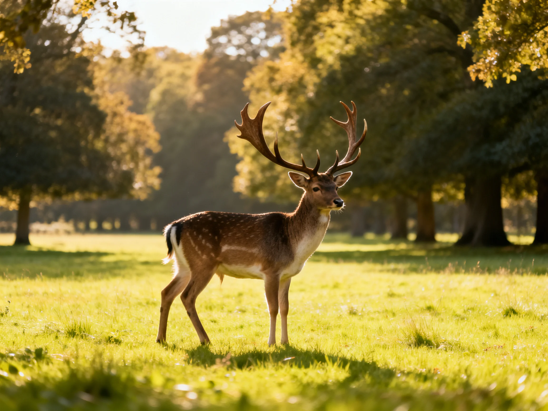 A majestic deer with large antlers stands in a sunlit green meadow