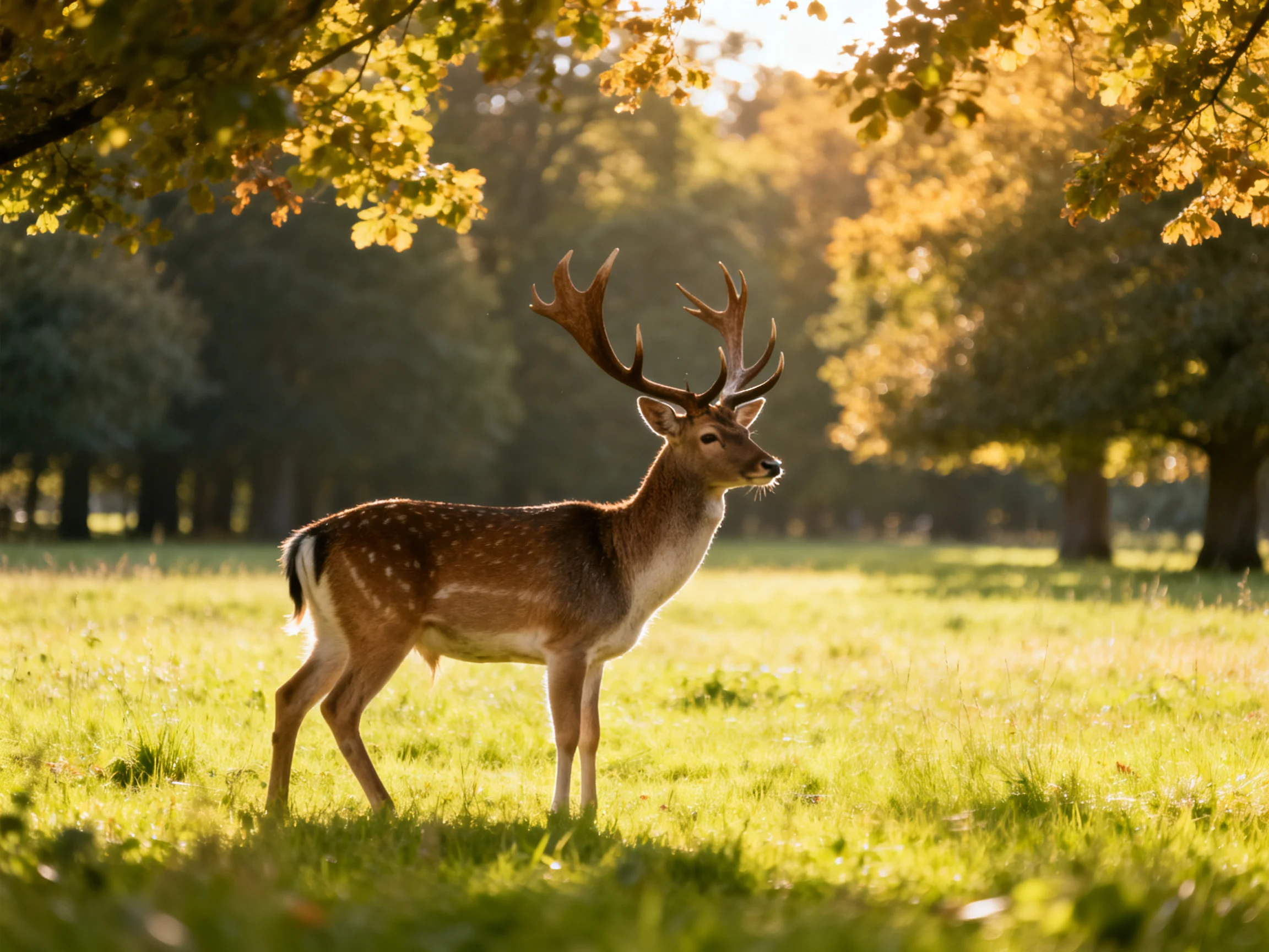 A majestic deer with large antlers stands in a sunlit green meadow