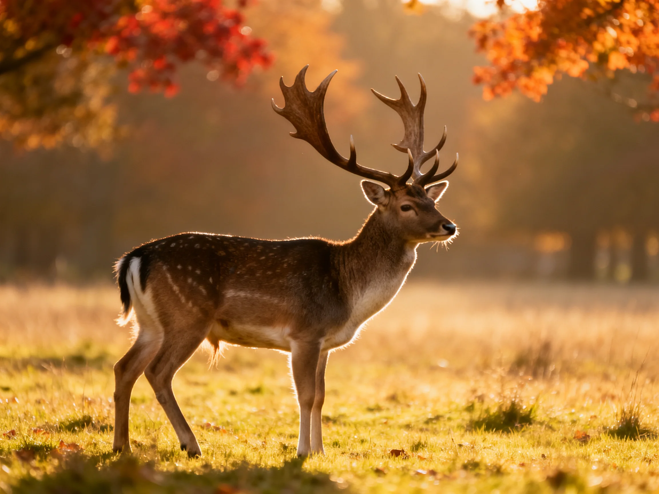 A majestic deer with large antlers stands in an autumnal field