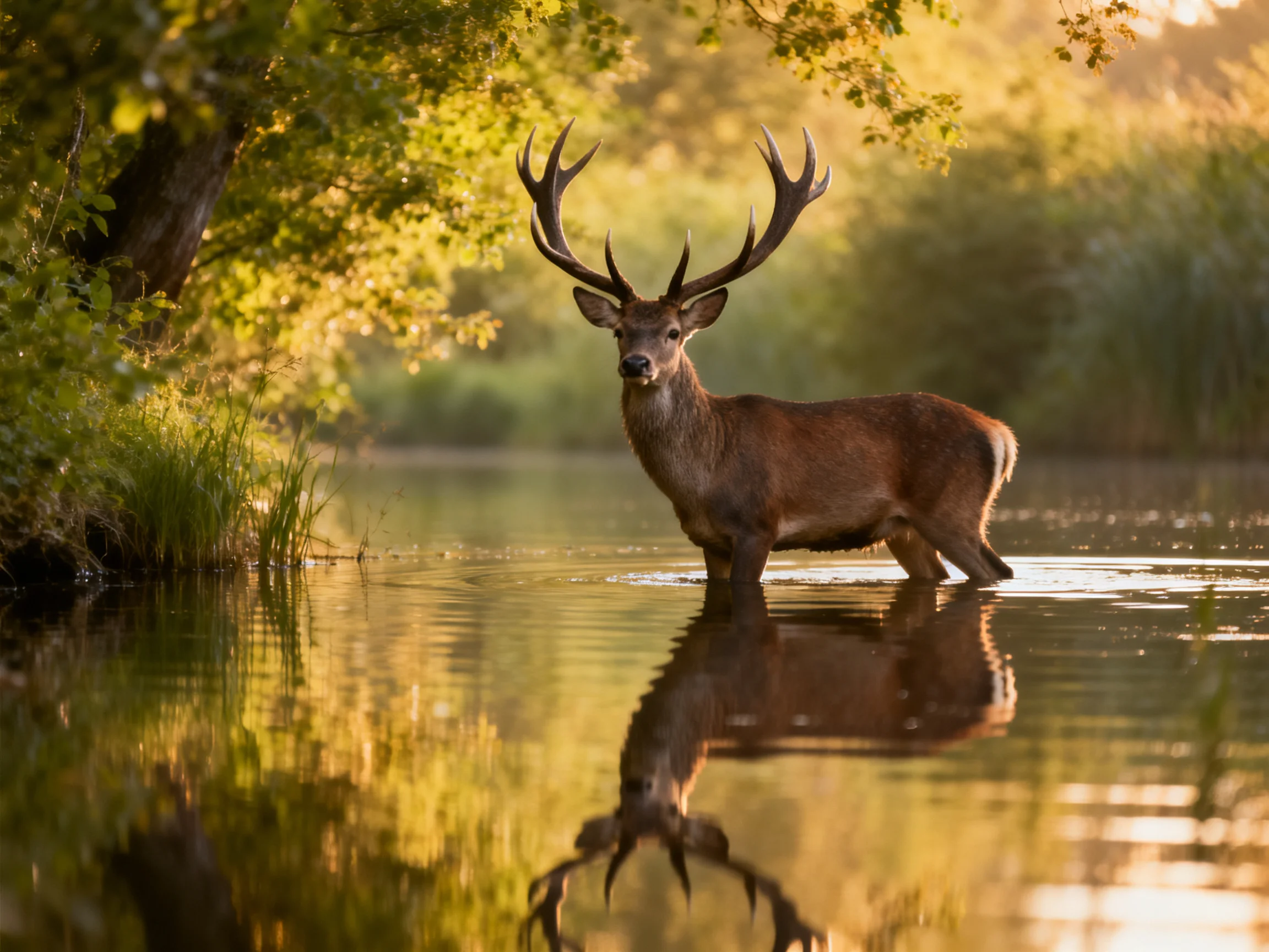 A majestic deer with large antlers stands in calm, golden-hued water