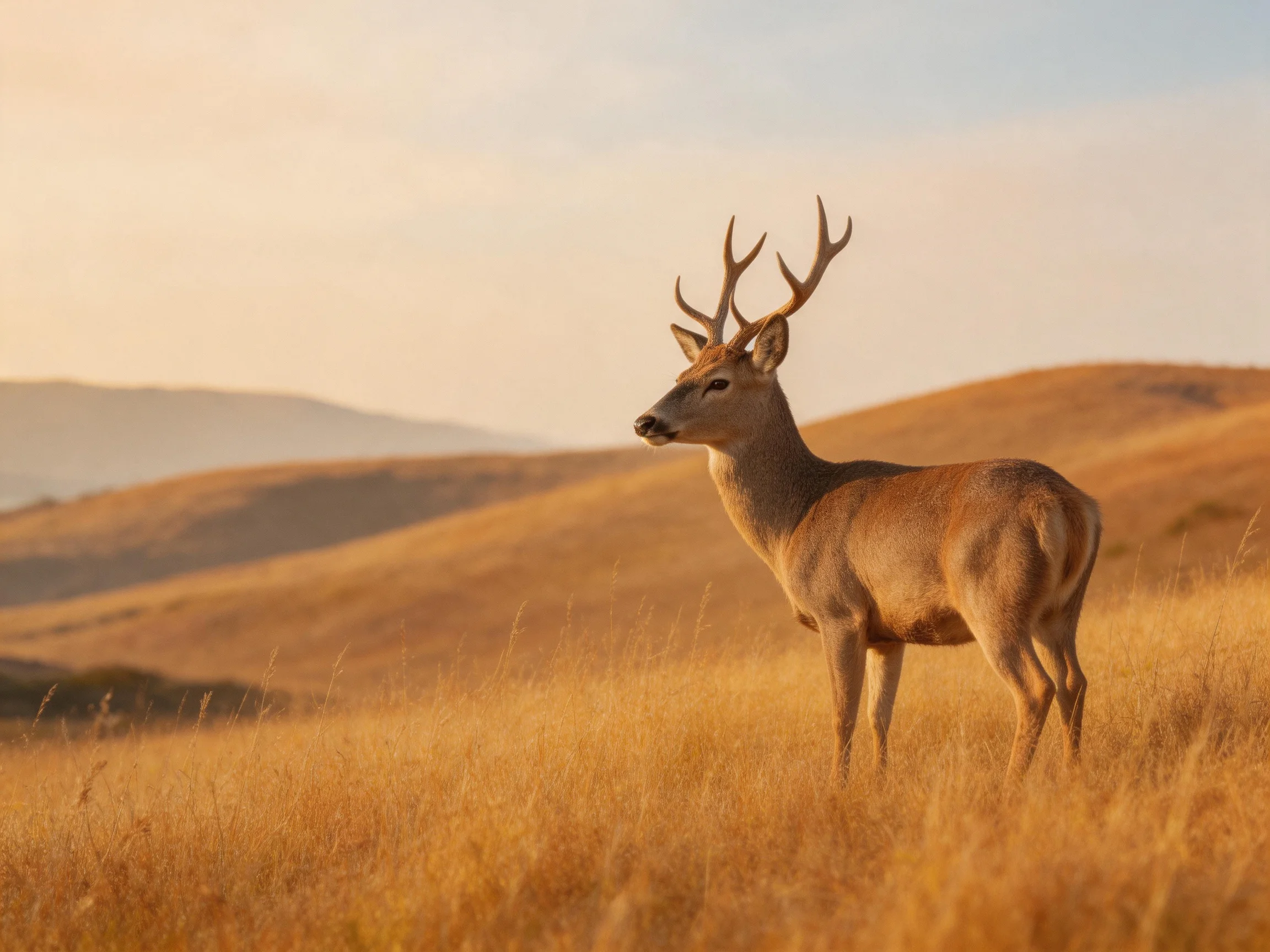 A majestic deer with large antlers stands in golden grassy hills