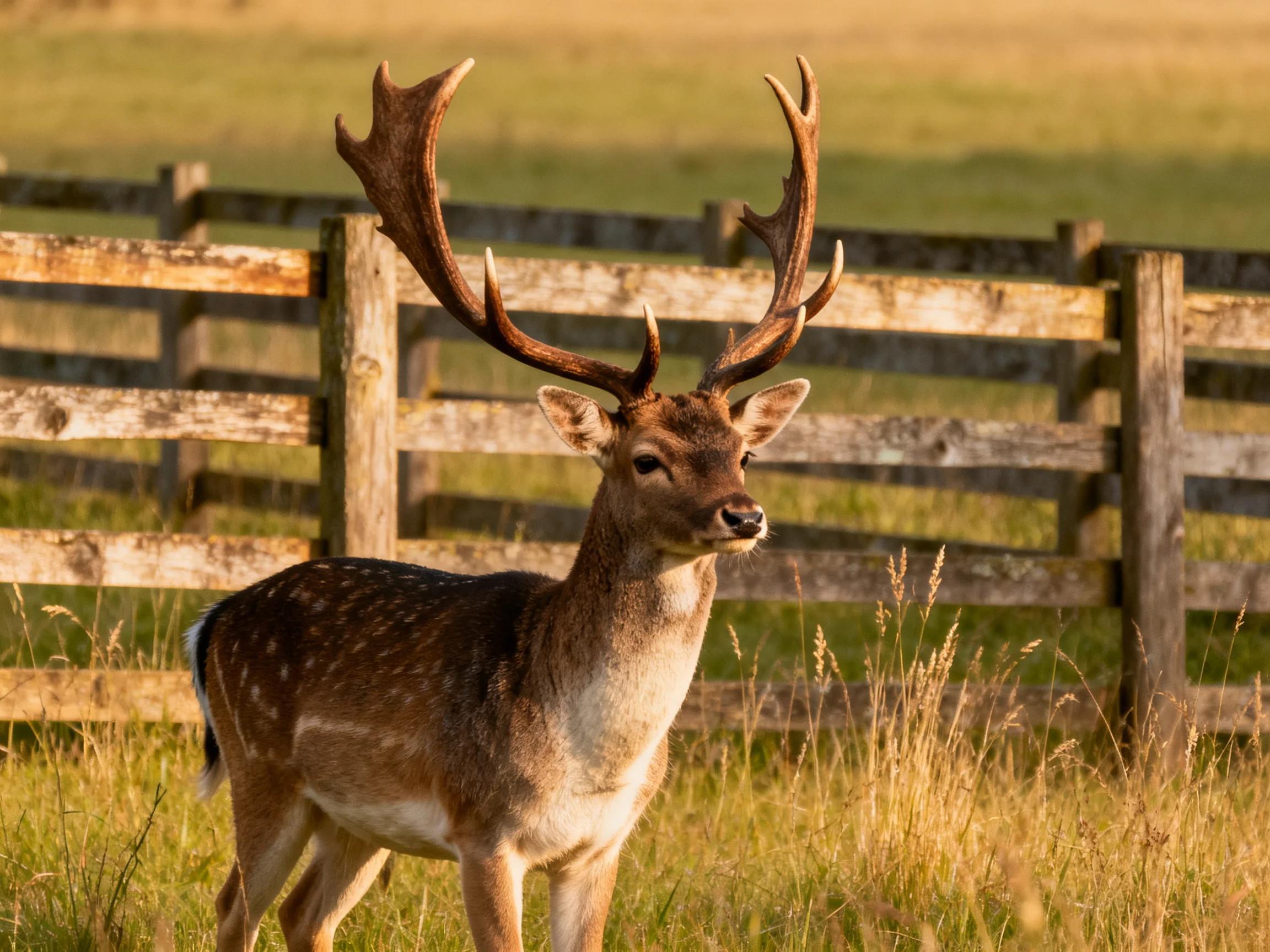 A majestic deer with large antlers stands near an aged wooden fence