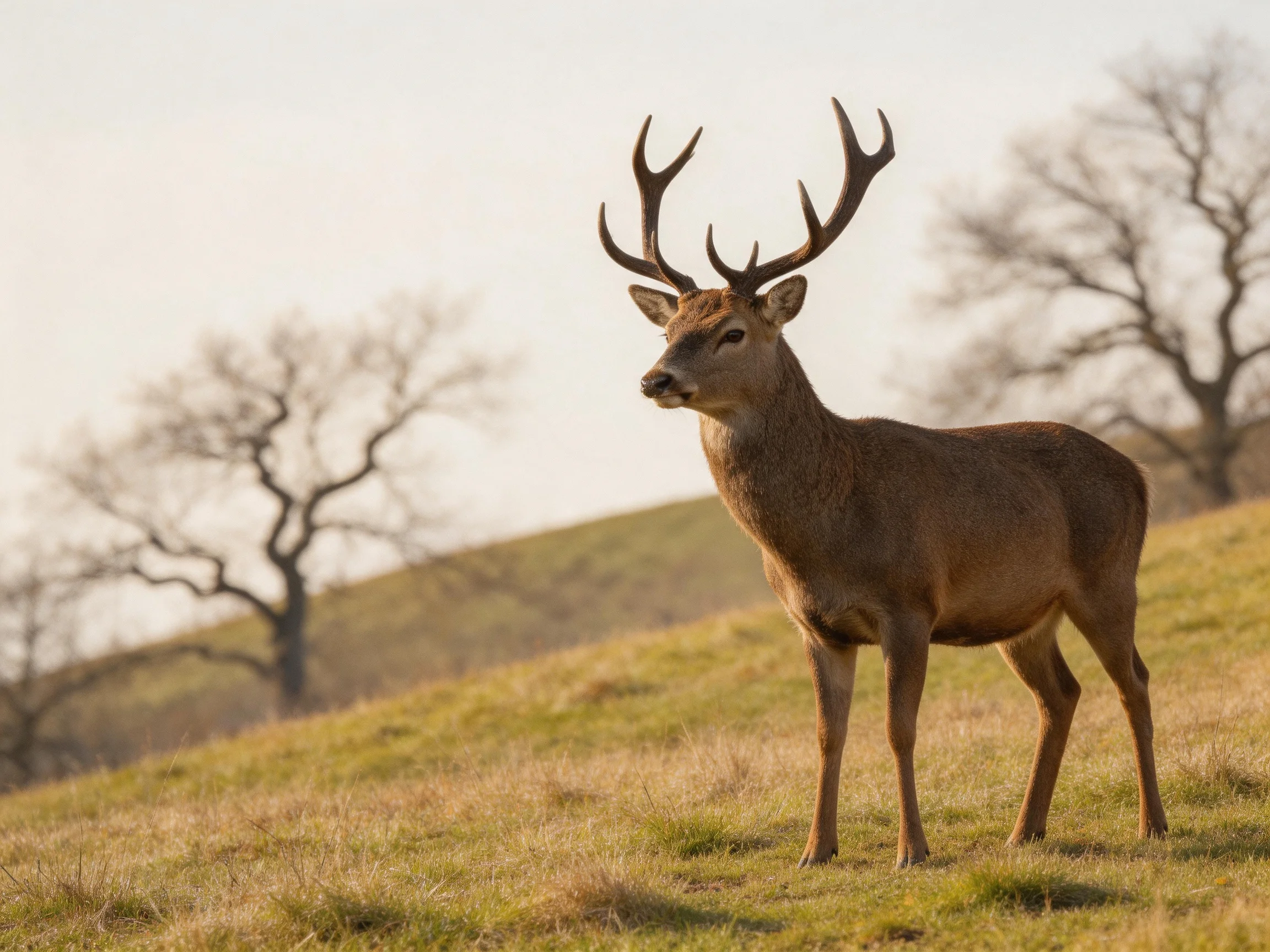 A majestic deer with large antlers stands on a grassy hillside near leafless trees