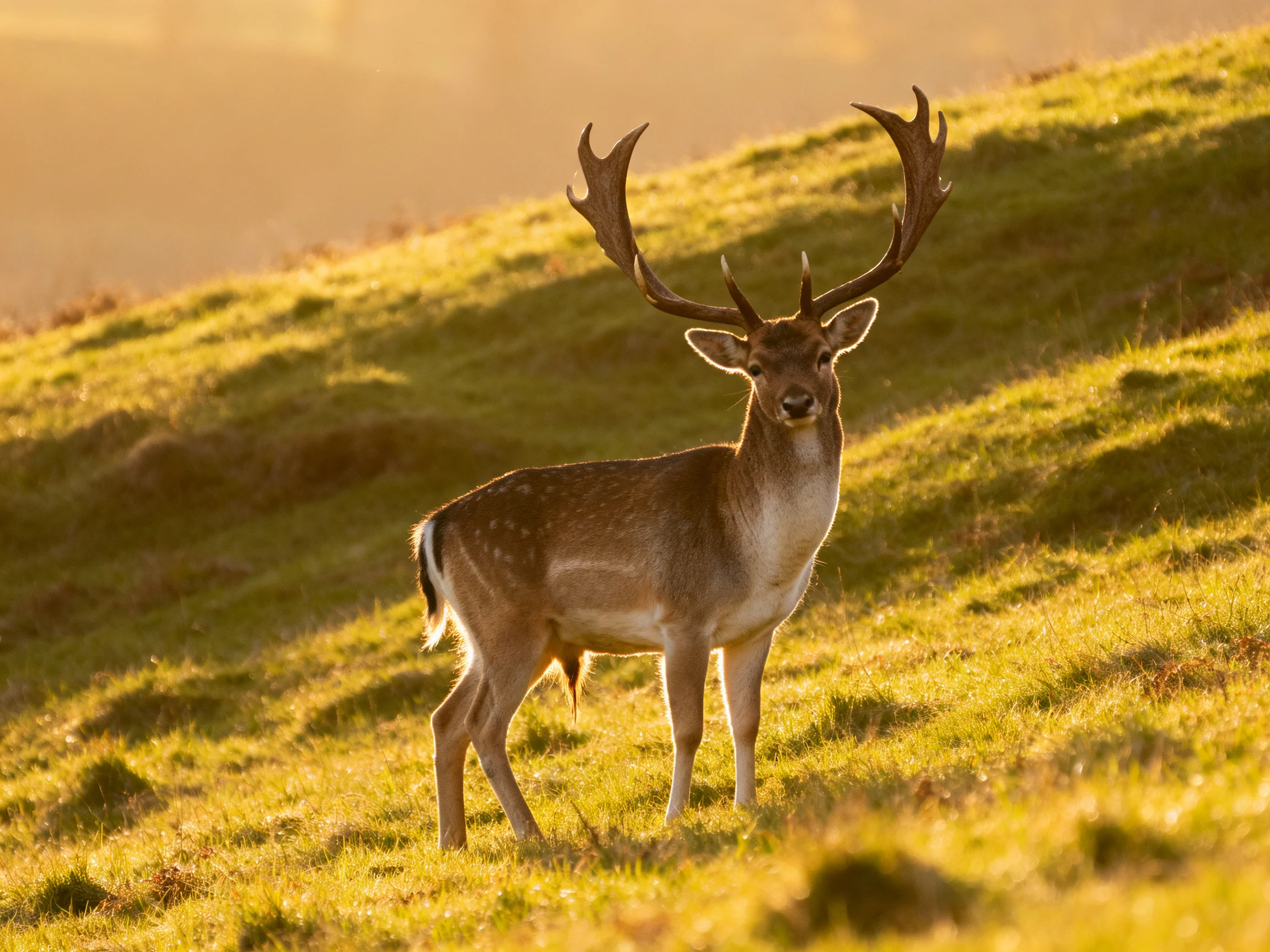 A majestic deer with large antlers stands on a sunlit grassy hillside