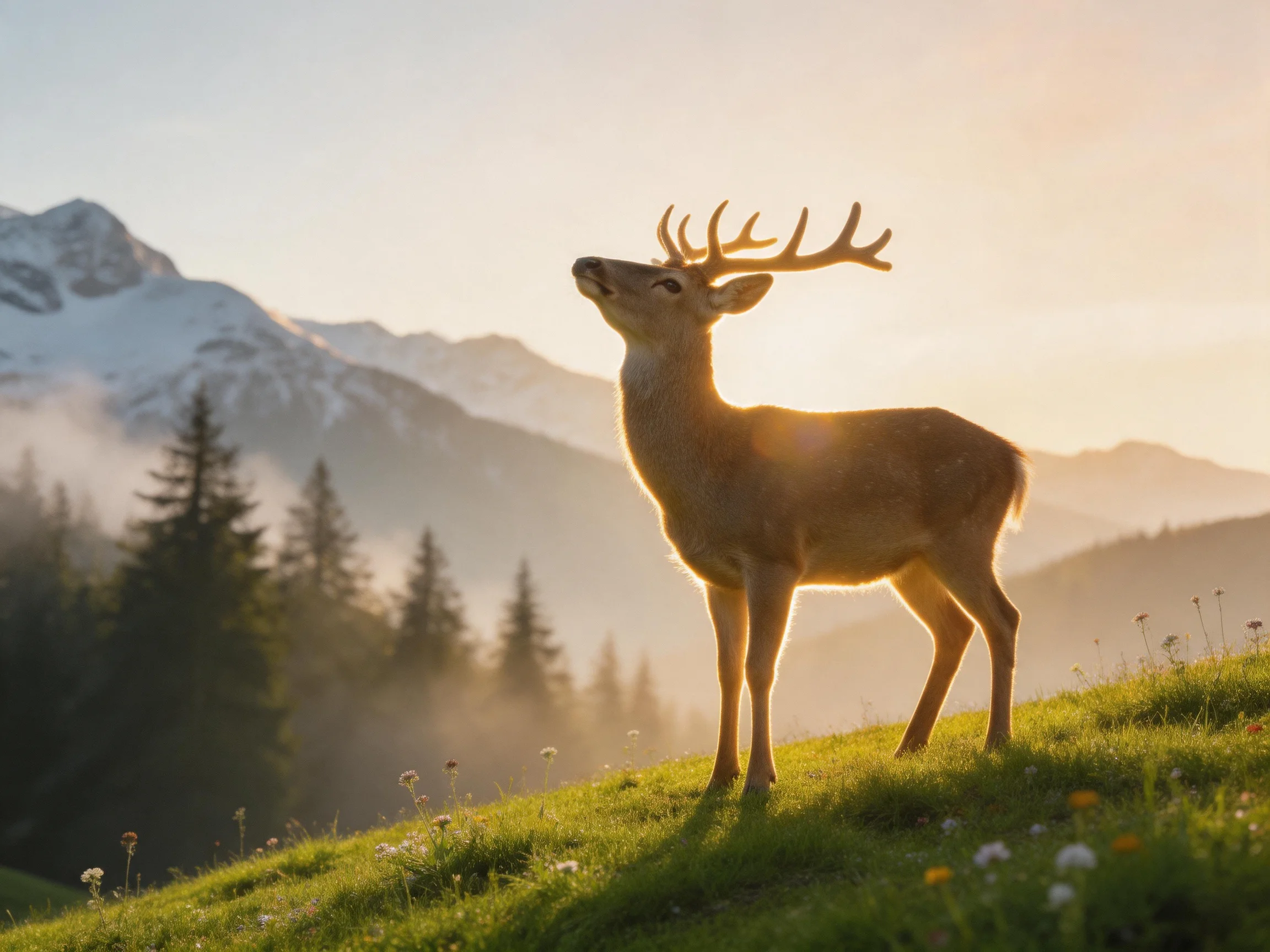 A majestic deer with large antlers stands on a sunlit meadow near snow-capped mountains